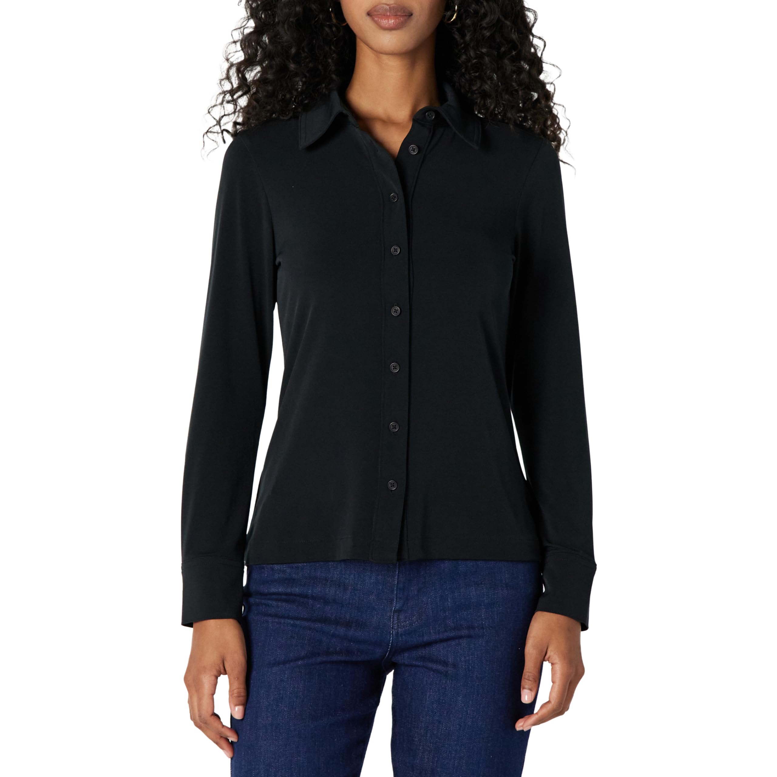 Amazon Essentials Women's Regular-Fit Matte Jersey Button-Down Shirt, Black, XX-Small