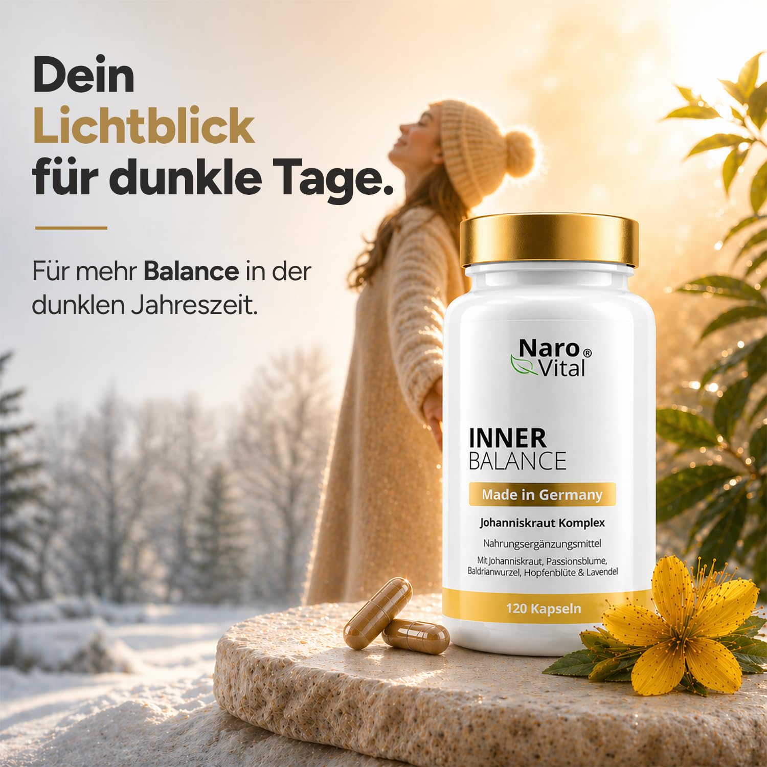 Inner Balance - Johanniskraut Komplex mit Passionsblume, Baldrian, Hopfen & Lavendel Extrakt - Kapseln hochdosiert Anti Stress, Stimmungsaufheller & Beruhigungsmittel - 120 Kapseln für 2 Monate