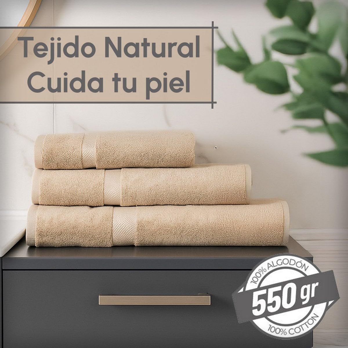 Juego de 8 Toallas de Ducha Color Beige 100% algodón Rizo de 140x70 cm | Tejido suave de gran gramaje con alta absorción. Aptas para lavadora, de uso diario.