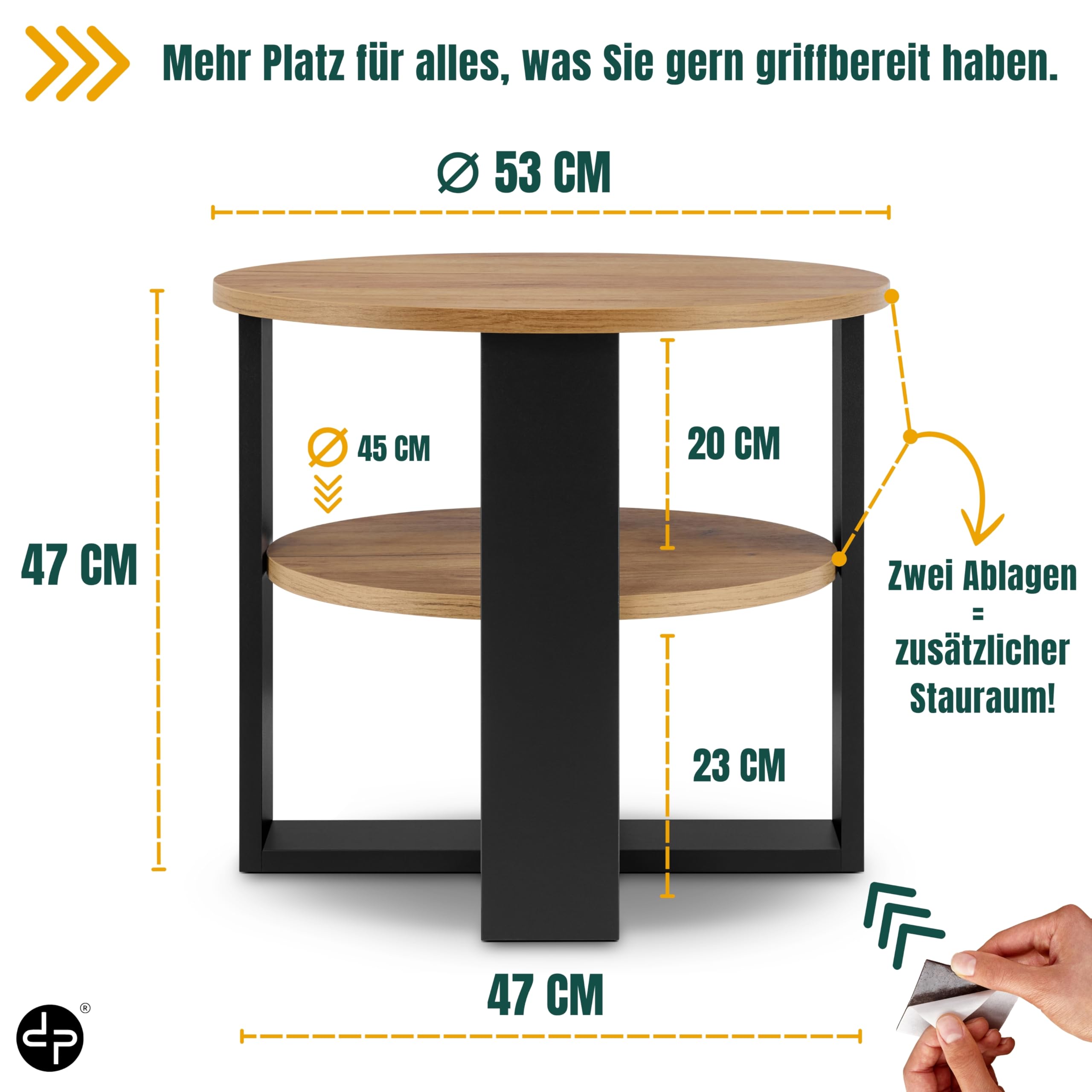 defiPad Couchtisch rund Eiche Ø53 cm - Kleiner Beistelltisch mit Ablage - 2 Ebenen, runder moderner Kaffeetisch im Industrial Design - Hergestellt in der EU