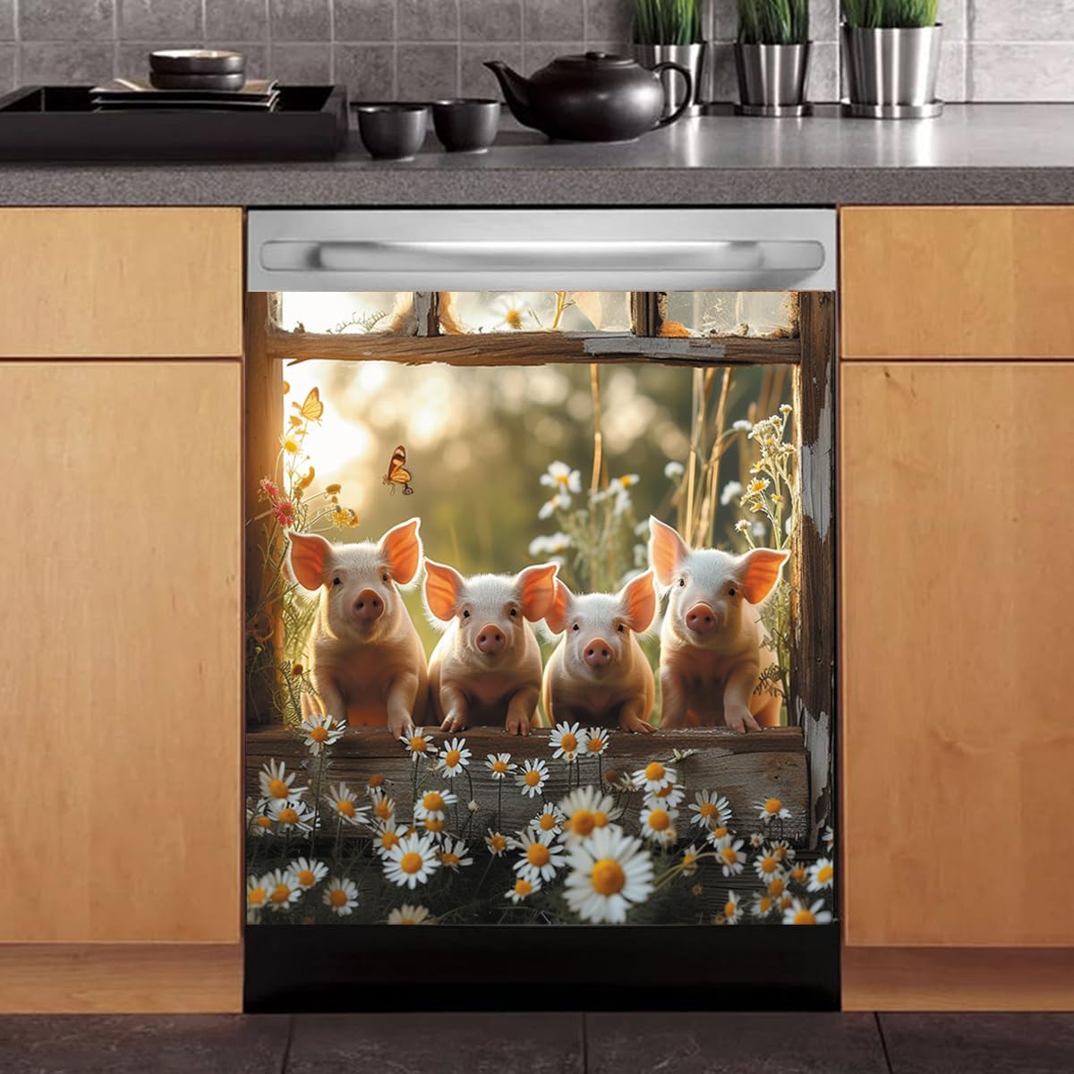 Dishwasher Cover Farm Pig Magnet for Dish Washer,Farmhouse Fridge Magnet Sticker Kitchen Decorative,Farm Pigs Refrigerator Decal,Home Appliances Vinyl Panel Wallpaper Art 23"x17"