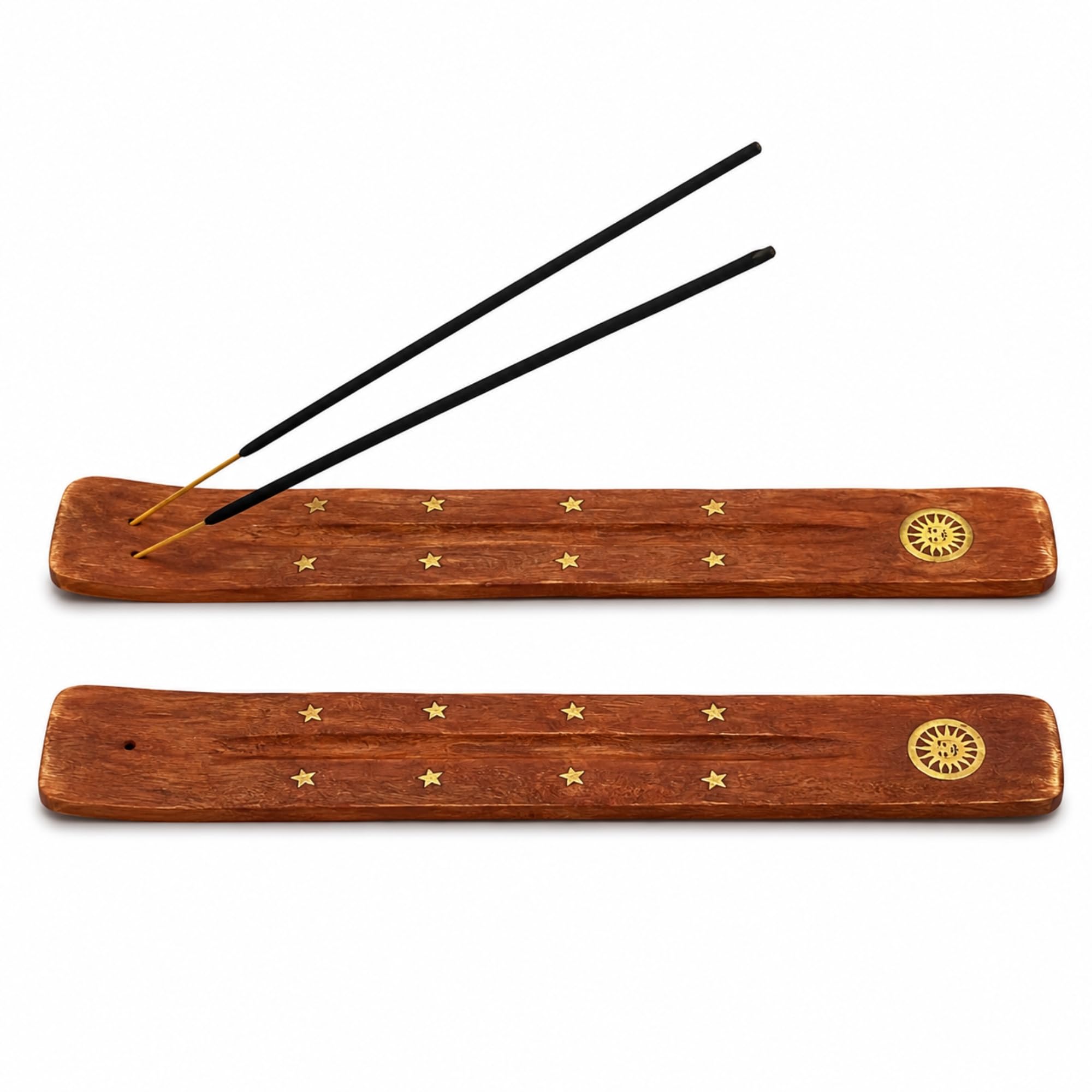 Fenny's Creations Natural Wooden Incense Burner Holder With Ash Catcher, Single Stick Design For Meditation, 24 X 8 Cm (Sun Ash Catcher 2Pcs)