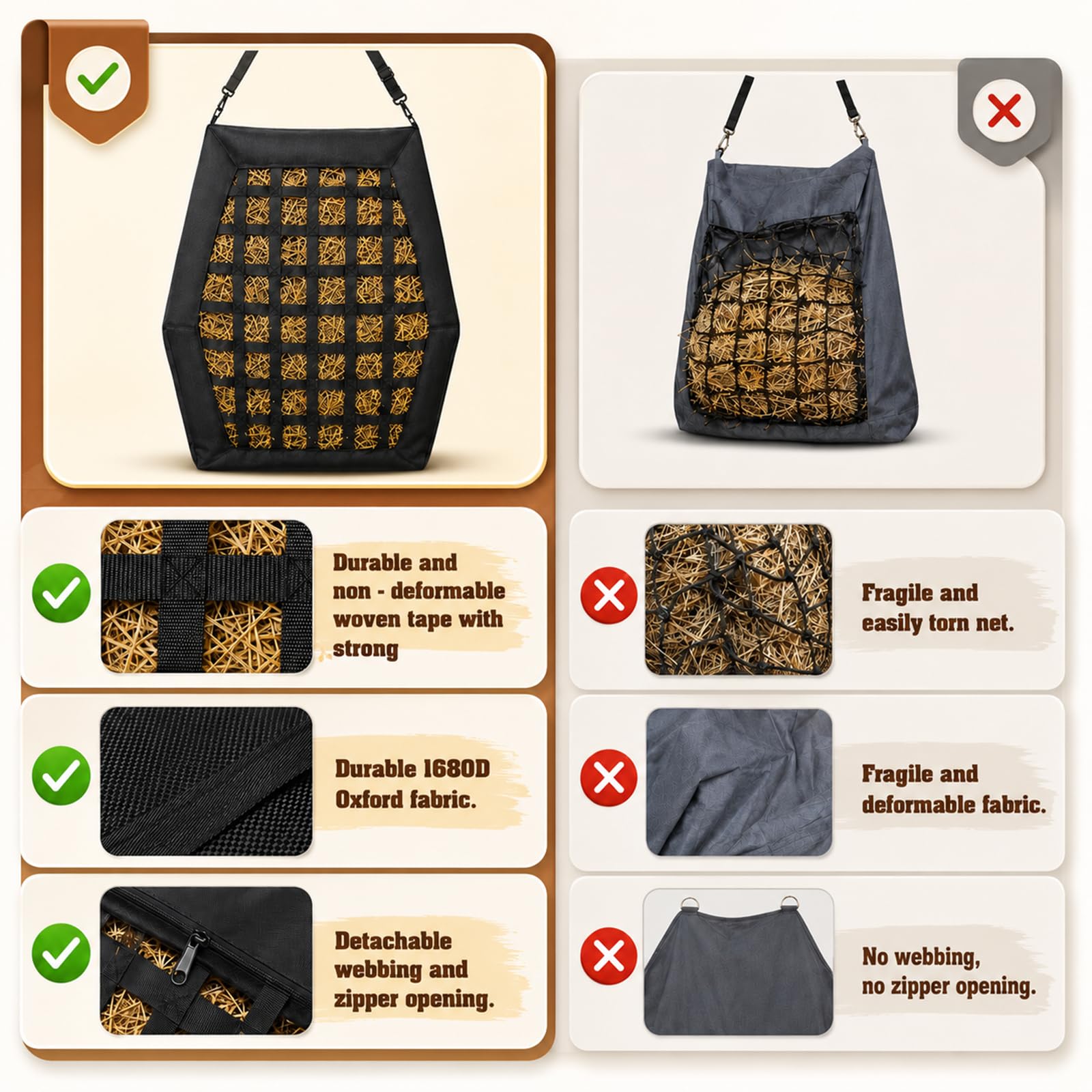 Heusack für Pferde mit 6cm Löchern, Heutasche Futterbeutel Haybag Slow Feeder, Heunetz für Pferde aus robust & wetterfest Oxford, Heuraufe Pferd mit Bodenriemen und Metallhaken, bis 10 kg Heu