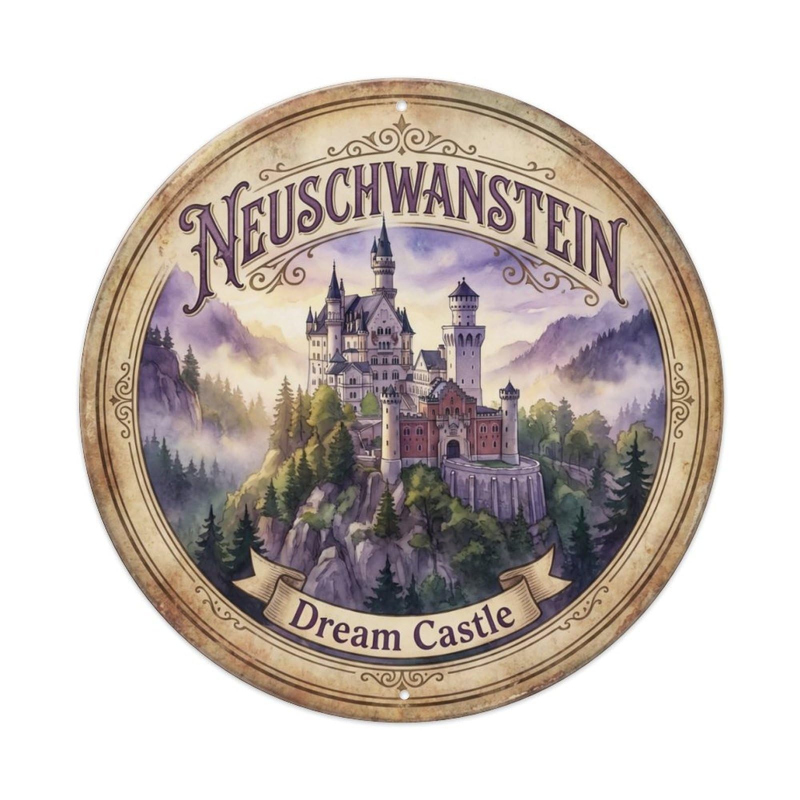 Vintage Travel Neuschwanstein Castle Bavarian Metal Tin Sign Plaque Wall Decor for Cafe, Club Bar, Office, Home Garden Round Metal Poster 8x8Inch