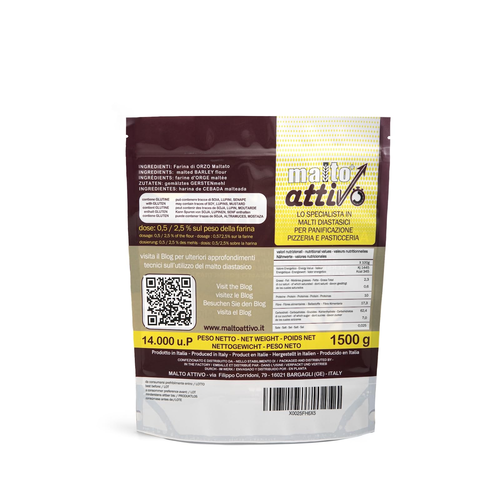 Malto Attivo Powder 1.5 kg Harina de Malta de Cebada Diastásica para Panificación 14.000 Unidades Pollak Made in Italy