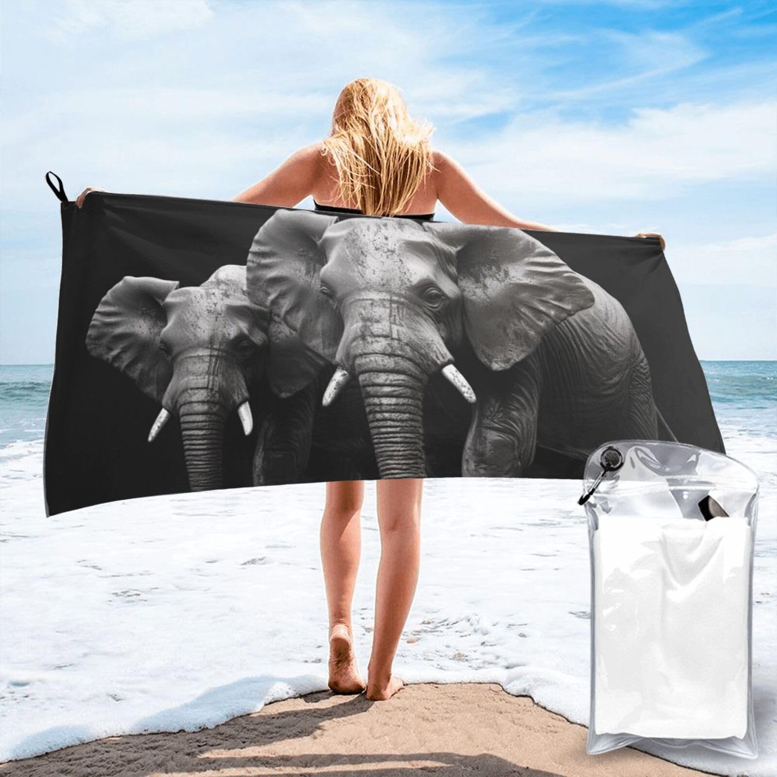 DWVTSLH Microfiber Sand Free Beach Towel 27.5"x55", Quick Dry Absorbent Travel Towel Large Camping Blanket, 3D Gray Elephant Bath Towels Lightweight Pool Swim Towels for Vacation Essentials