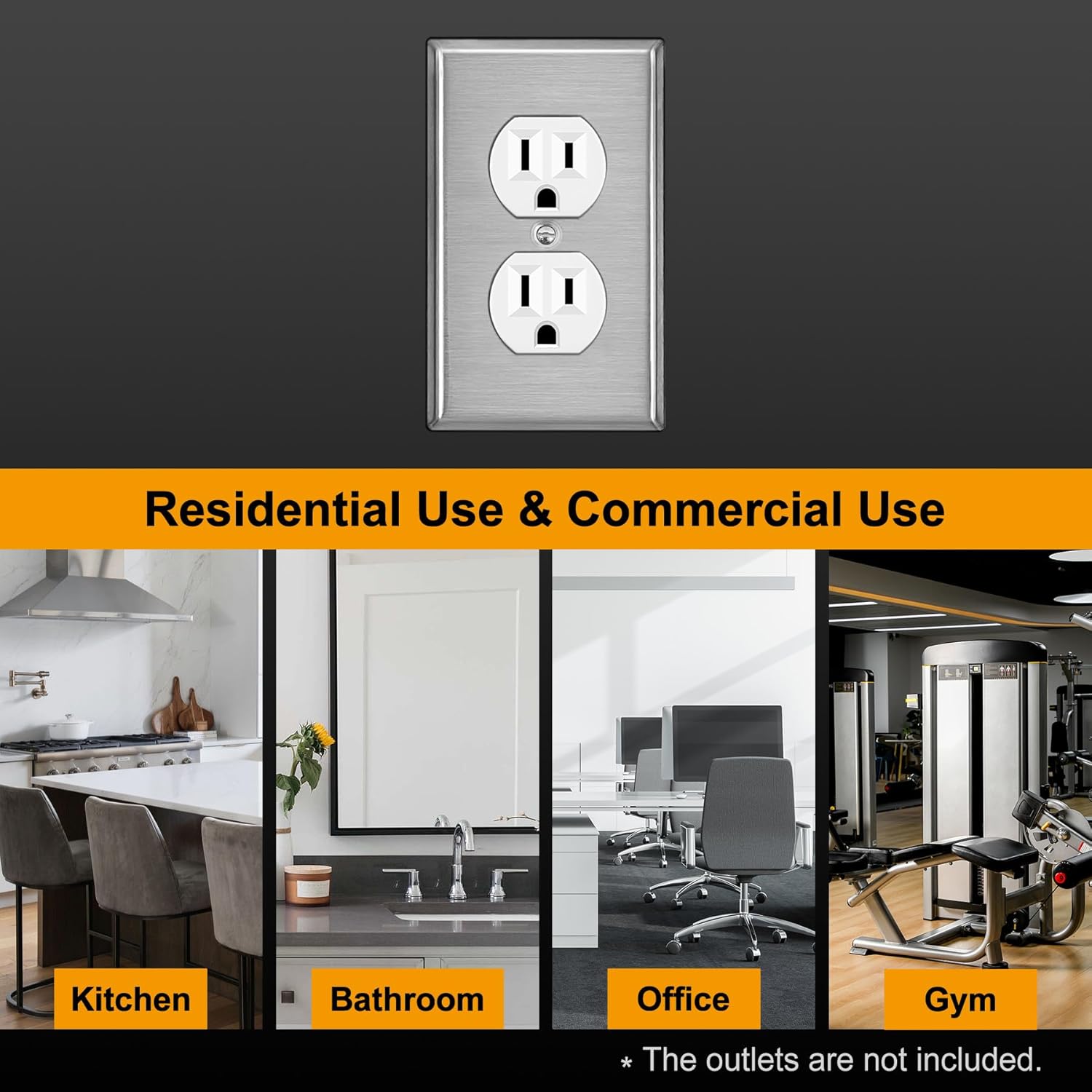 BESTTEN 10 Pack Duplex Receptacle Metal Wall Plate with Protective Film, 1 Gang Standard Industrial Stainless Steel Outlet Cover, Durable Corrosion Resistant, Brushed Finish, Silver