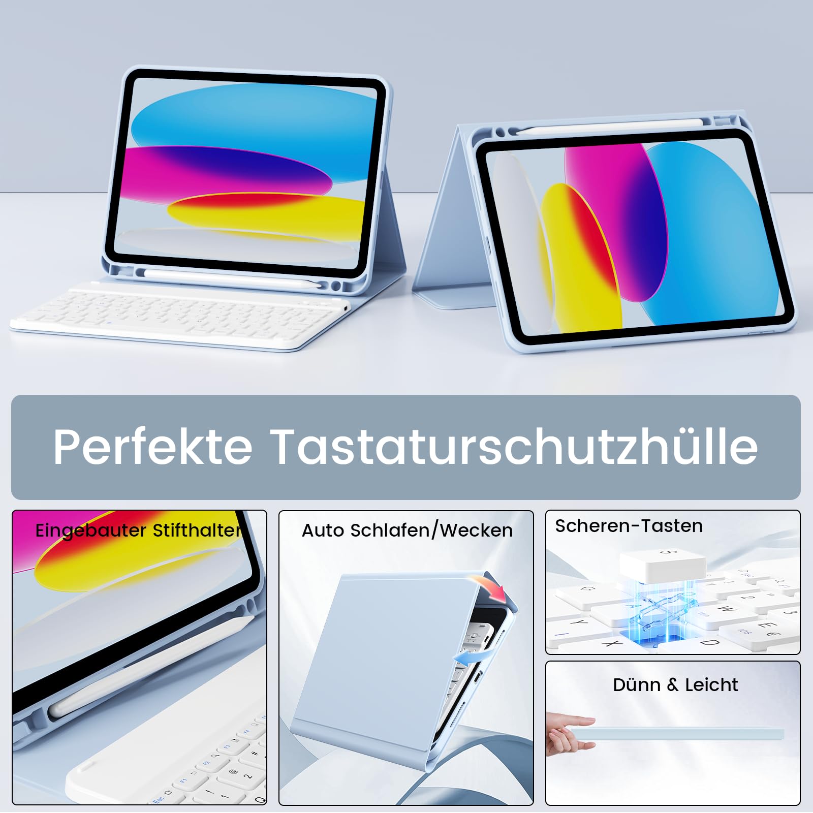 Custodia con Tastiera per iPad Air 11 Pollici 2025 2024 (M3/M2), iPad Air 5 4 2022/2020 10,9 Pollici, Cover Morbida TPU con Supporto per Penna, Tastiera Folio Magnetica Rimovibile, Blu Chiaro