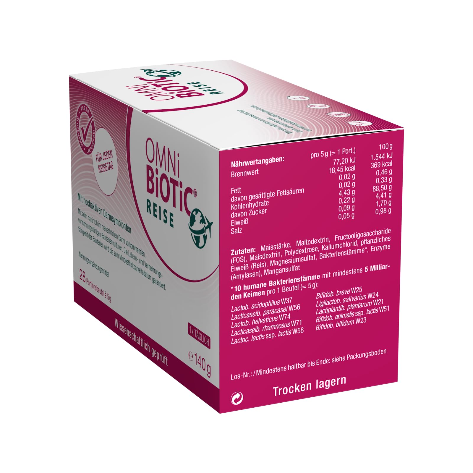 OMNi BiOTiC Reise | Für jeden Reisetag | 28 Portionen (140 g) | 10 Bakterienstämme | 5 Mrd. Keime pro Tagesdosis | Pulver | Vegan | Glutenfrei | Lactosefrei | Zur täglichen Anwendung