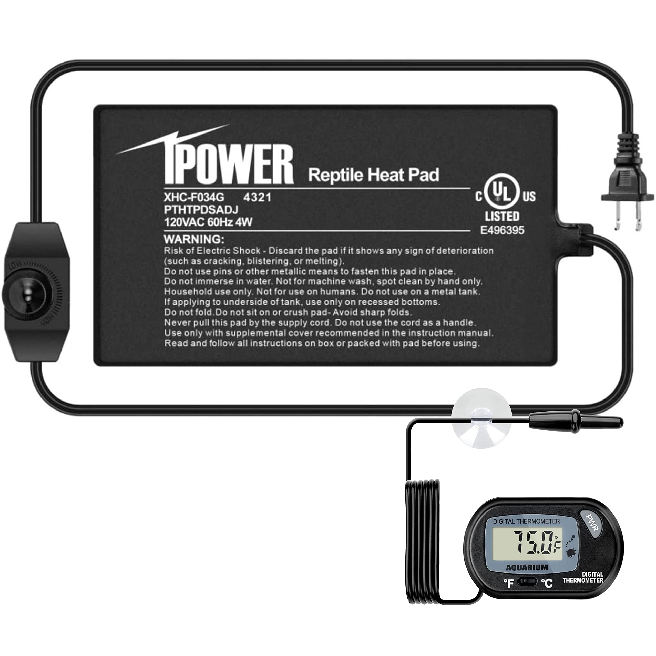 iPower 4 by 7-Inch Reptile Heat Mat with Temperature Adjustable Controller Knob, LCD Digital Aquarium Thermometer, Under Tank Warmer Terrarium Heat