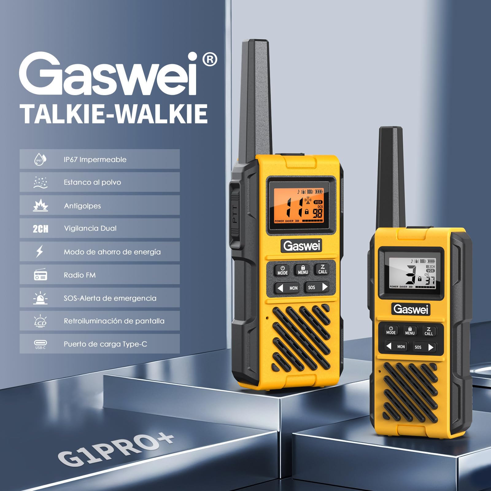 Talkie walkie Recargable Largo Alcance para Adultos,16 Canales PMR446 Walky Talky, 1800mAh,con Radio FM, VOX, Alarma SOS, Carga USB-C para Obras, Viajes, Aventuras al Aire Libre y acampadas.