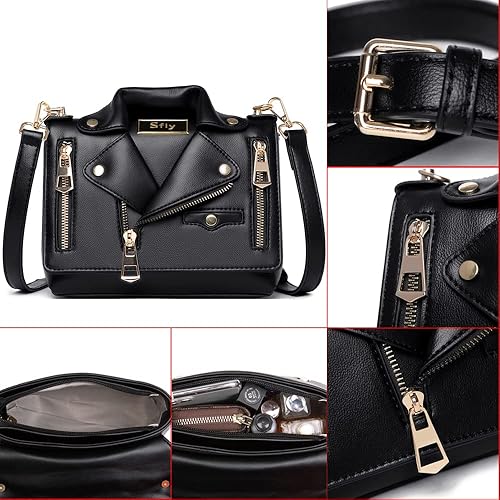 Miniatura 6 de Sfly - Bolso de hombro de piel para mujer, con remache, estilo chaqueta de motociclista, con cadena, para niñas y mujeres