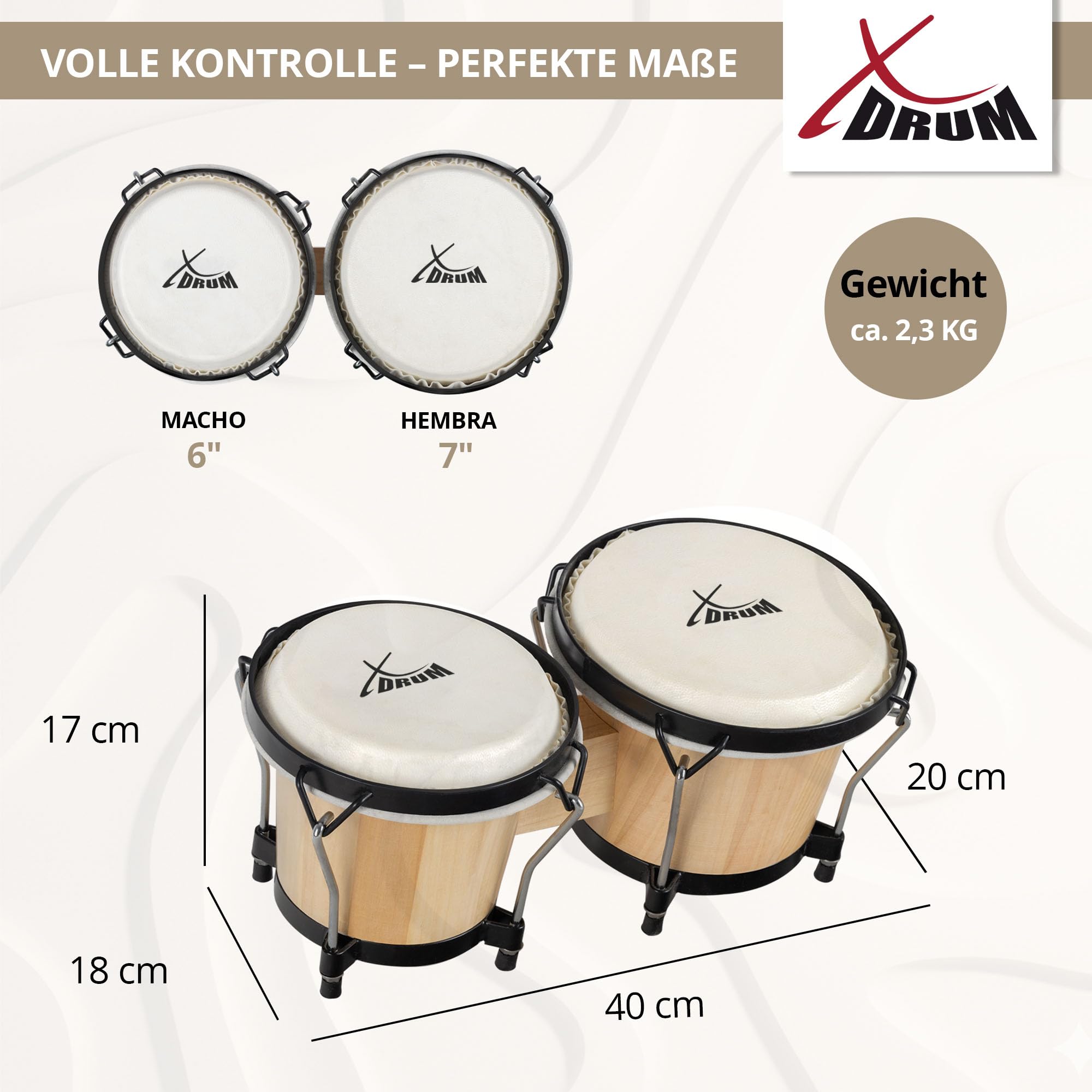 XDrum PERC Bongos Club Rosso Vino - 2 Tamburi da 6" e 7" - Bongos con pelli naturali accordabili e chiave di accordatura - Tamburi in legno naturali