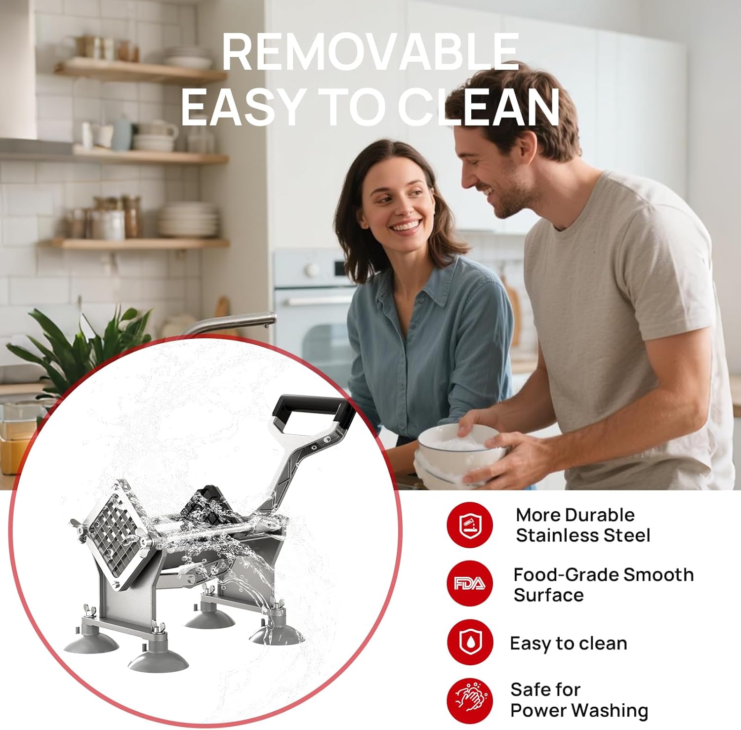 Commercial French Fry Cutter with 4 Stainless Steel Blades (3/8", 1/2", 1/4", 8-Wedge) and 4 Suction Feet – Heavy Duty Vegetable Chopper and Lemon Potato Slicer for Home & Restaurant Use