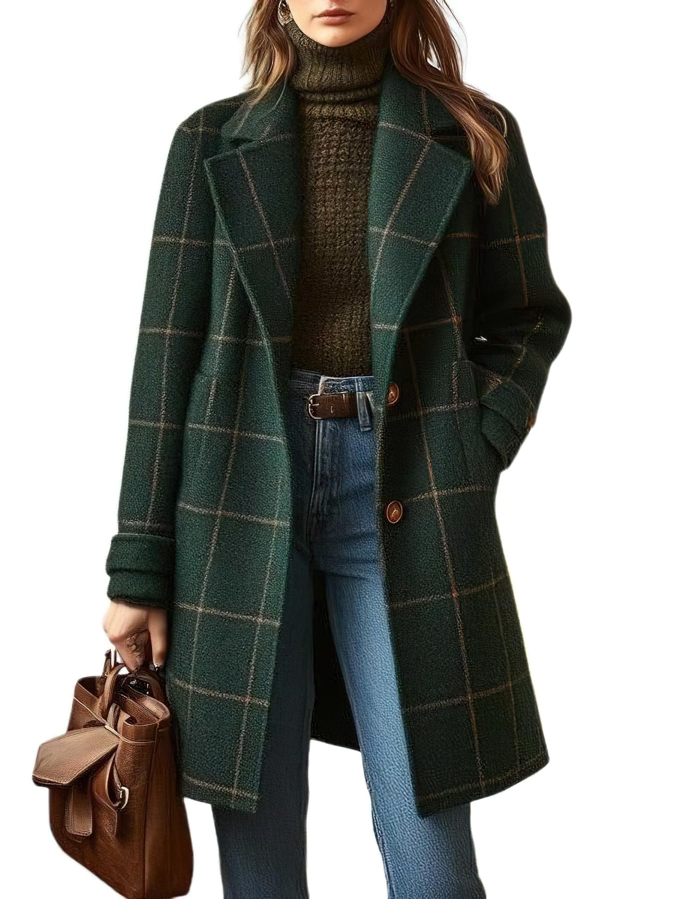Women's Retro Plaid Lapel Coat, Mid-Length Casual Elegant Outerwear for Autumn Winter — view 7