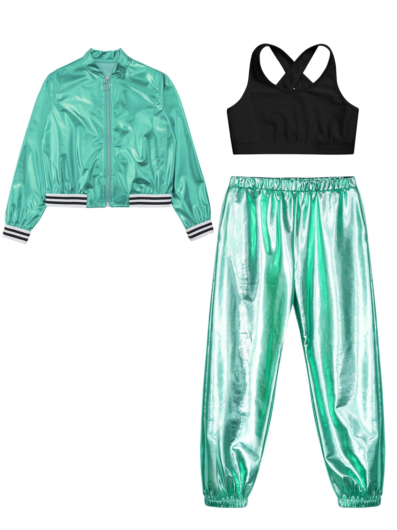 3 Pezzi Tuta da Sportiva Ginnastica Artistica per Bambina Completo Hip Hop Lucido Giacca Pantaloni e Crossback Top Abito da Ballo di Strada Jazz Metallizzato