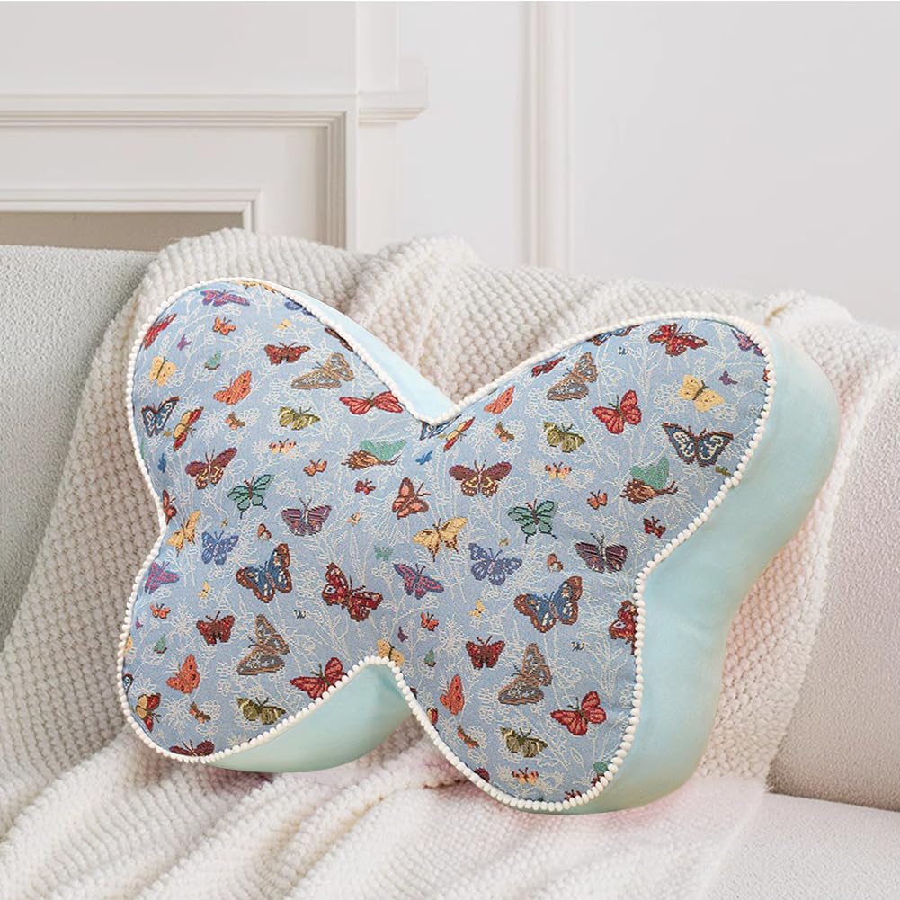 AoTengMY Butterfly Shaped Decorative Throw Pillows - Vintage Butterfly Print Bed Headboard Cushion, Soft Plush Stuffed Animal Pillow for Sofa Chair Bedroom Living Room Decor (Blue,23.6x15.7in)