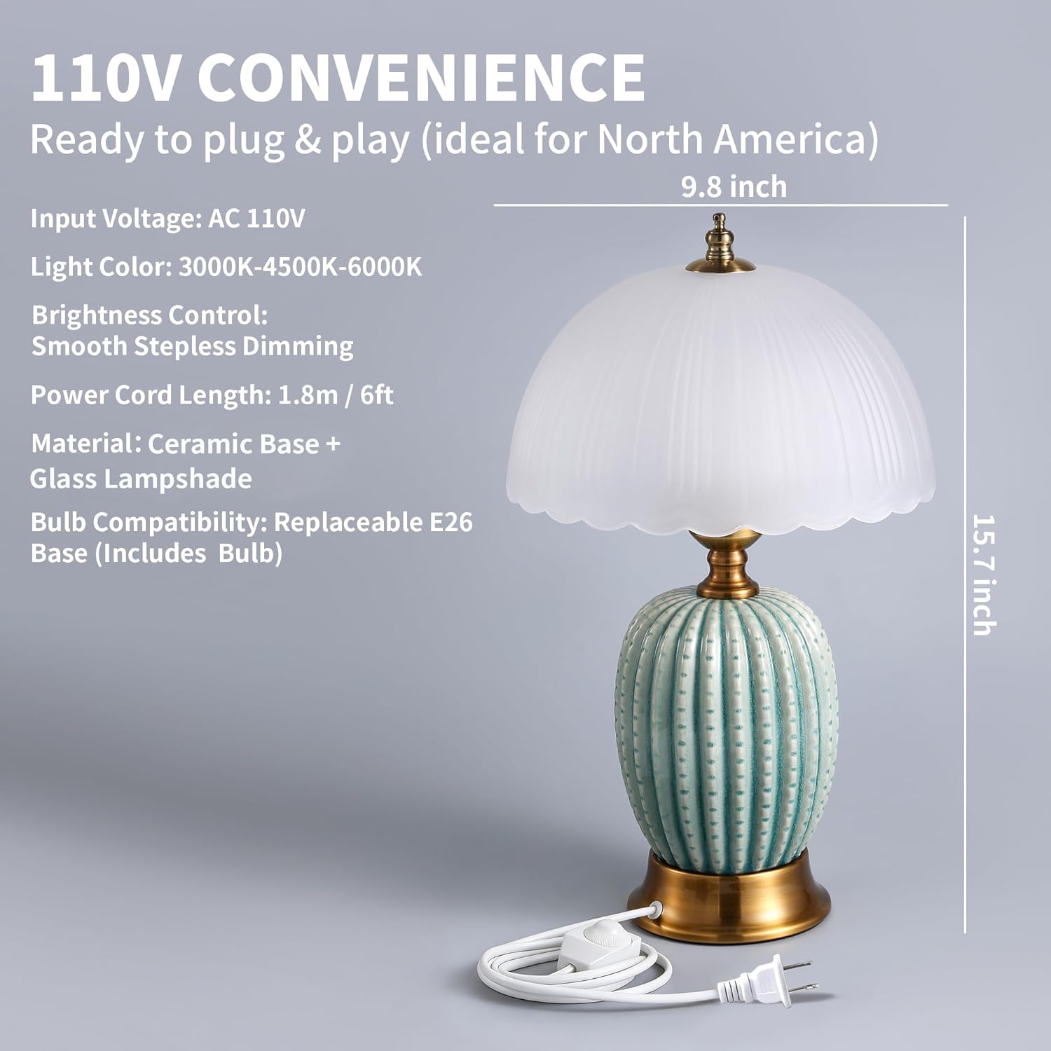 15.7" Vintage Ceramic Small Table Lamp, Green Cactus Retro Bedside Lamp with Scalloped Glass Shade, 3-Color Dimmable Nightstand Light for Bedroom & Living Room, Home Decor, Bulb Included