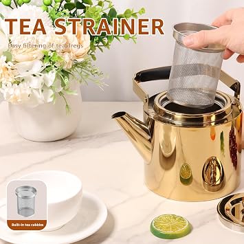 Stainless Steel Tea Pot with Infuser 1.8L Stovetop Tea Kettle Household Stainless Steel Teapot Stove Induction Kettle for Gas Hobs, Stovetop, Induction and Electric Hobs(Gold)