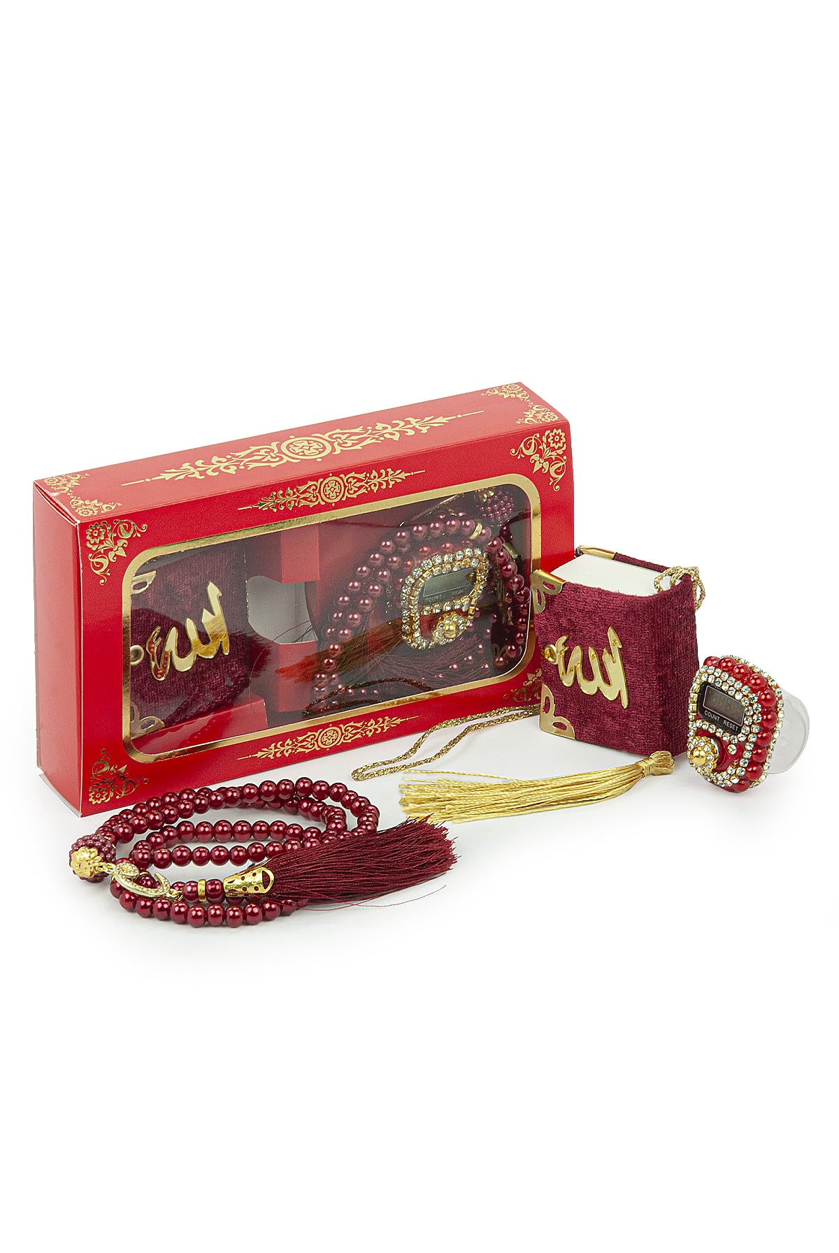 ihvan online Mini Velvet Quran Set with Islamic Finger Counter, Portable Digital Tasbeeh, Muslim Prayer Beads, Pearl Zikirmatic Beads, 3 Pieces Gift Set for Mevlüt (Red)