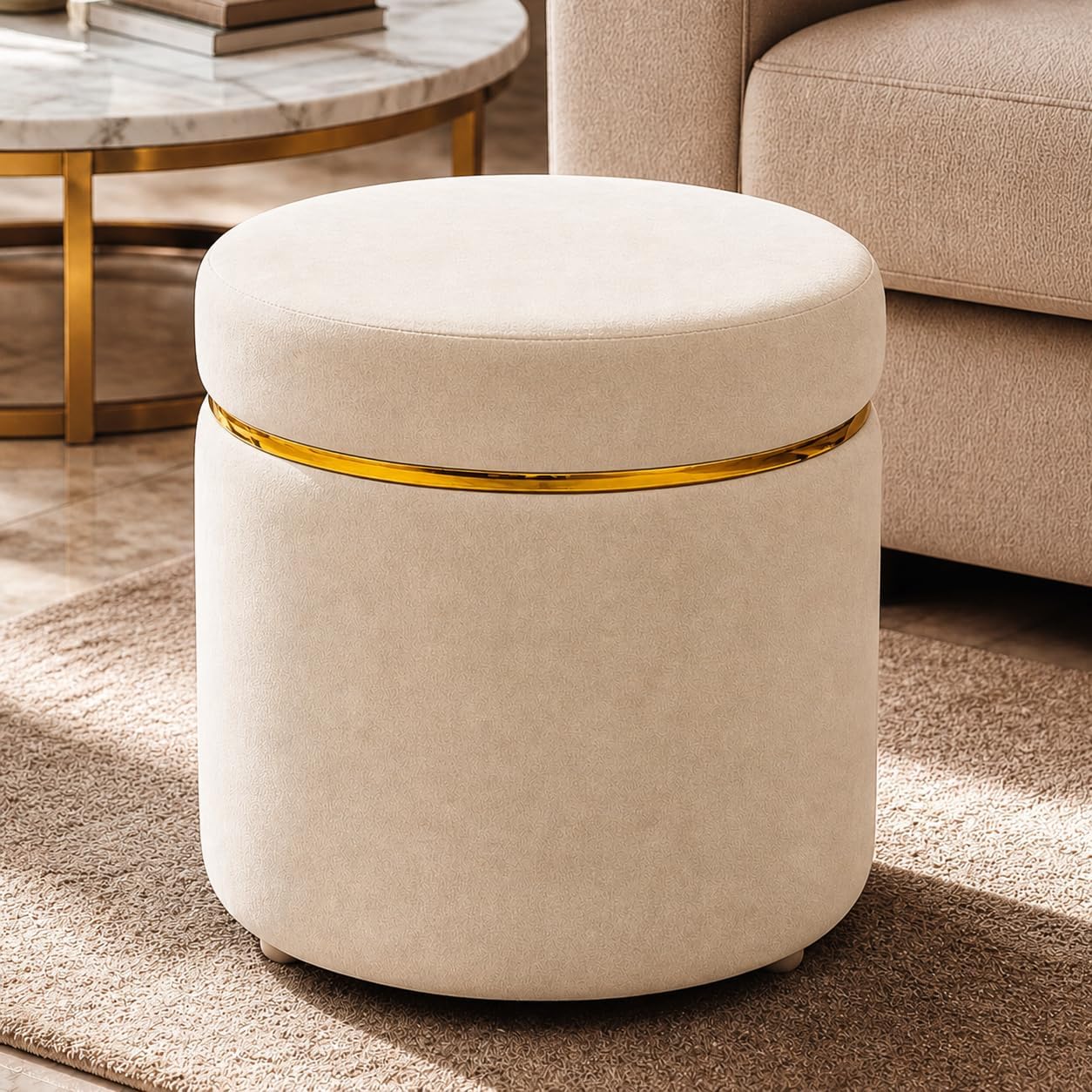 Royal Wood Furnishings/ Modern Velvet Puffy Ottoman Stool for Living Room | Round Footrest Pouffe with Gold Accent Band | Soft Cushioned Seat for Dressing Table, Bedroom & Home Decor (Cream)-image-38
