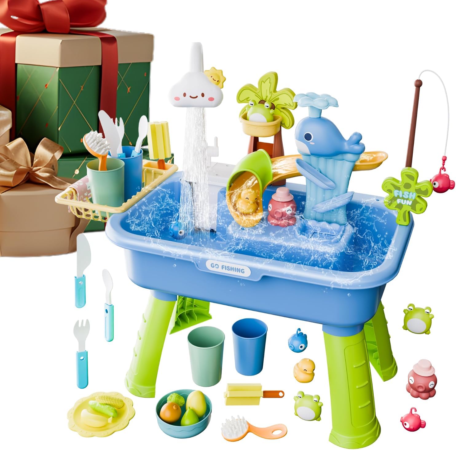 Kids Electric Fishing Pond Water Table, 54x29x53cm ABS Sand and Water Activity Table, Kids Waters Play Tables, 4 in 1sElectric Play Sink with Running Waters and Pump for Summer Outdoor Toys