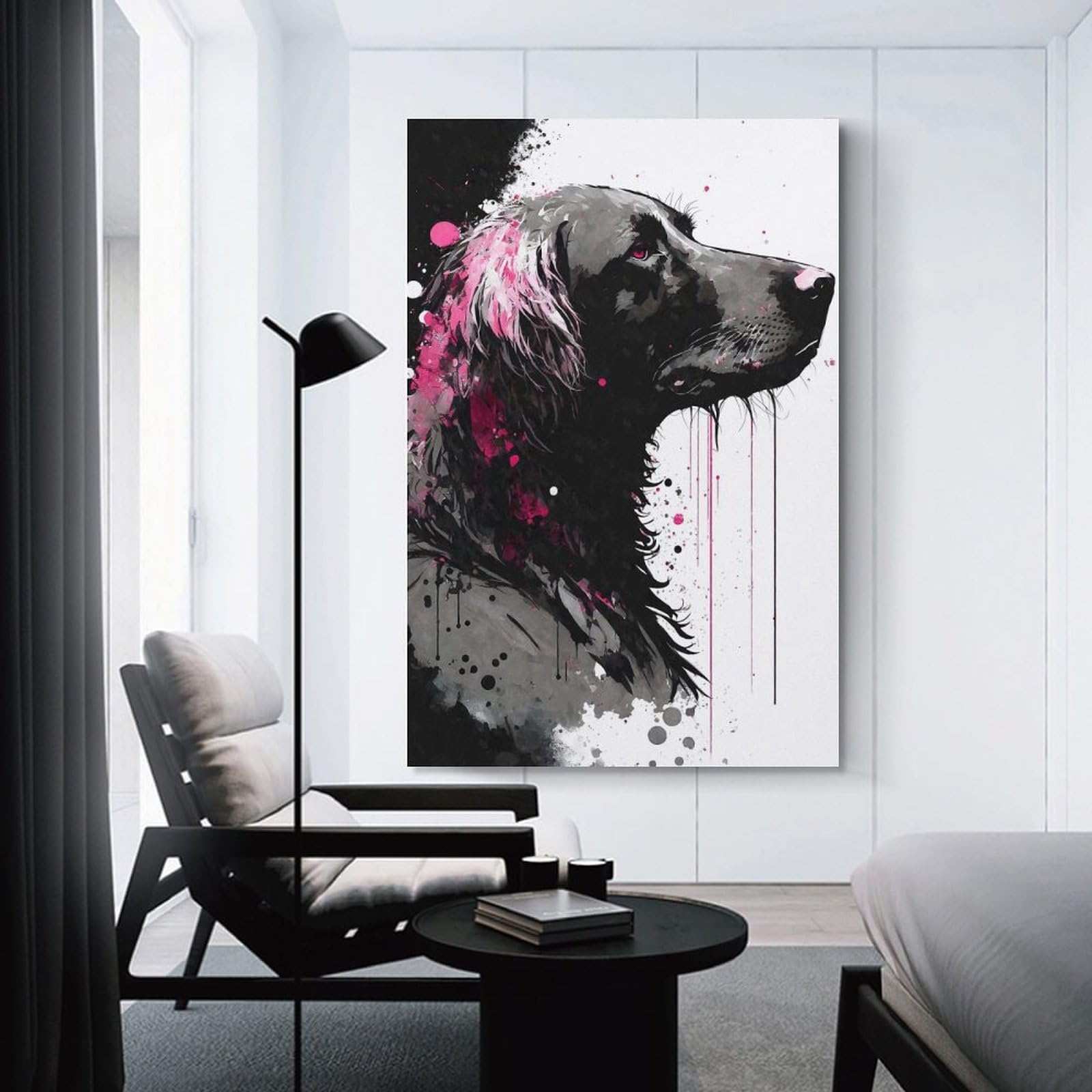 Junmoney Unframe-Style-9 Flat Coated Retriever Pink Decorative Canvas Print, 24X36inch(60X90cm), For Contemporary Homes, Apartments Or Offices, Home Artwork For Modern Interiors