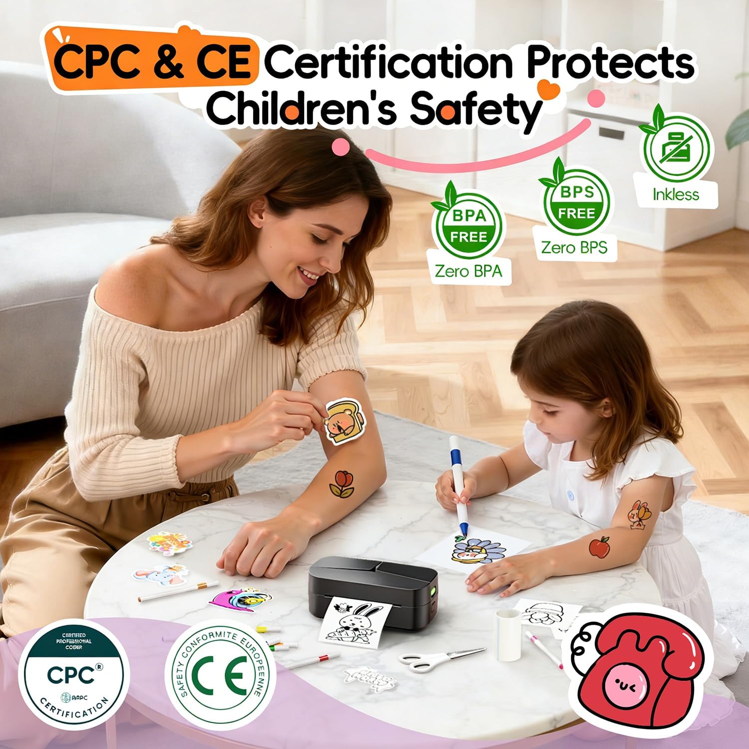 Phomemo TK32 Impresora Tatuajes Temporales Niños, Juegos Creativos para Niña 7 Años, CREA Tatuajes Temporales Personalizados con 50 Hojas & 8 Marcadores, Manualidades Niña 6 7 8+ años