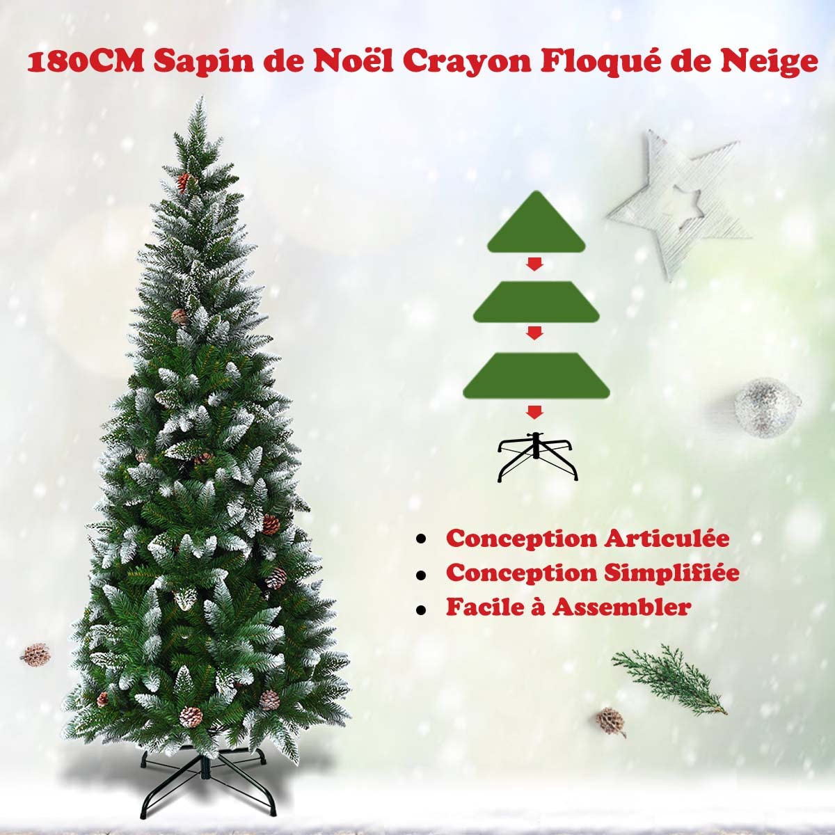 GYMAX Sapin de Noël 180cm Artificiel Mince avec 29 Pommes de Pin Décoratives, 630 Branches Recouvertes de Neige, Support Métal, pour Maison, Magasin, Café