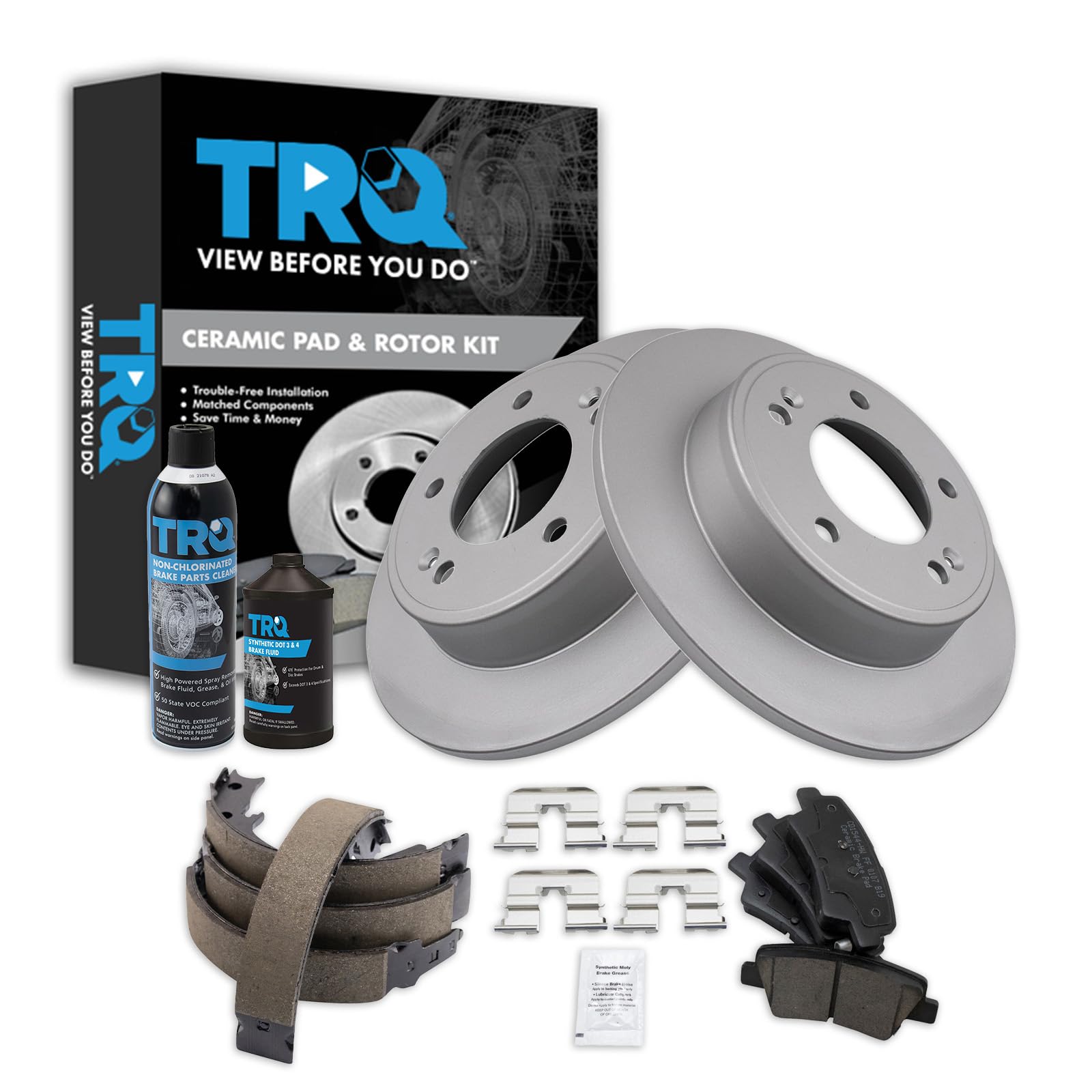 TRQ Rear Brake Pad &amp; Rotor Kit, with Chemical Kit Parking Brake Shoe Set Ceramic Premium G-Coated Compatible with 2012-2013 Hyundai Veloster
