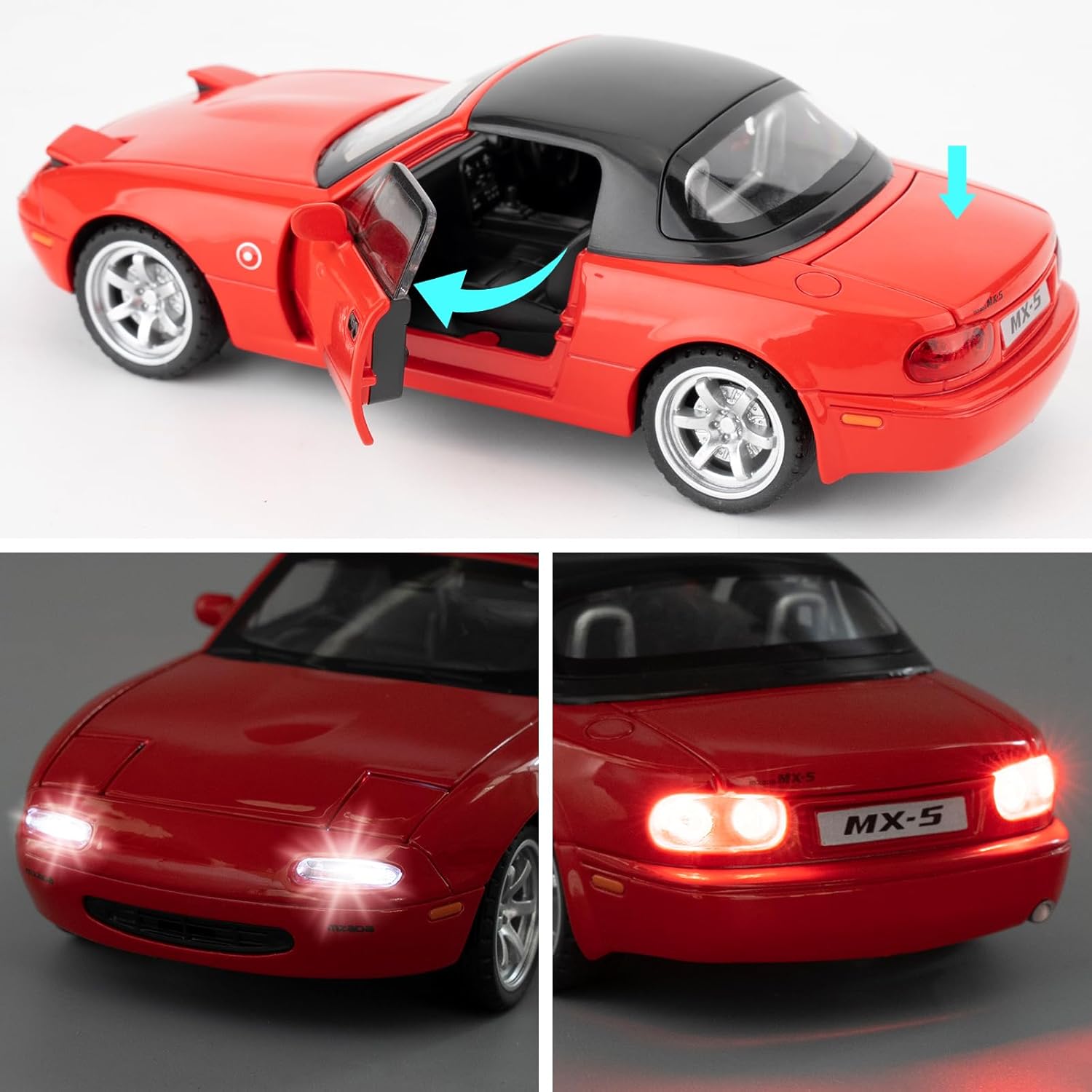1/32 Mazda Miata MX-5 Alloy Model Car, Toy Car with Pullback, Removable Top, Blinking Lights, Toy Car with Sound and Bright Lights, Collectible Grade Gift for Kids (Red)