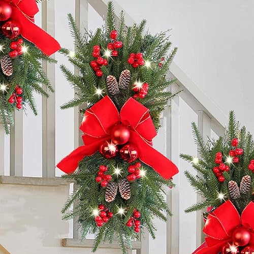 Guirnalda de escaleras de Navidad preiluminada, guirnalda de Navidad, el borde de escalera preiluminado inalámbrico, coronas de Navidad para puerta