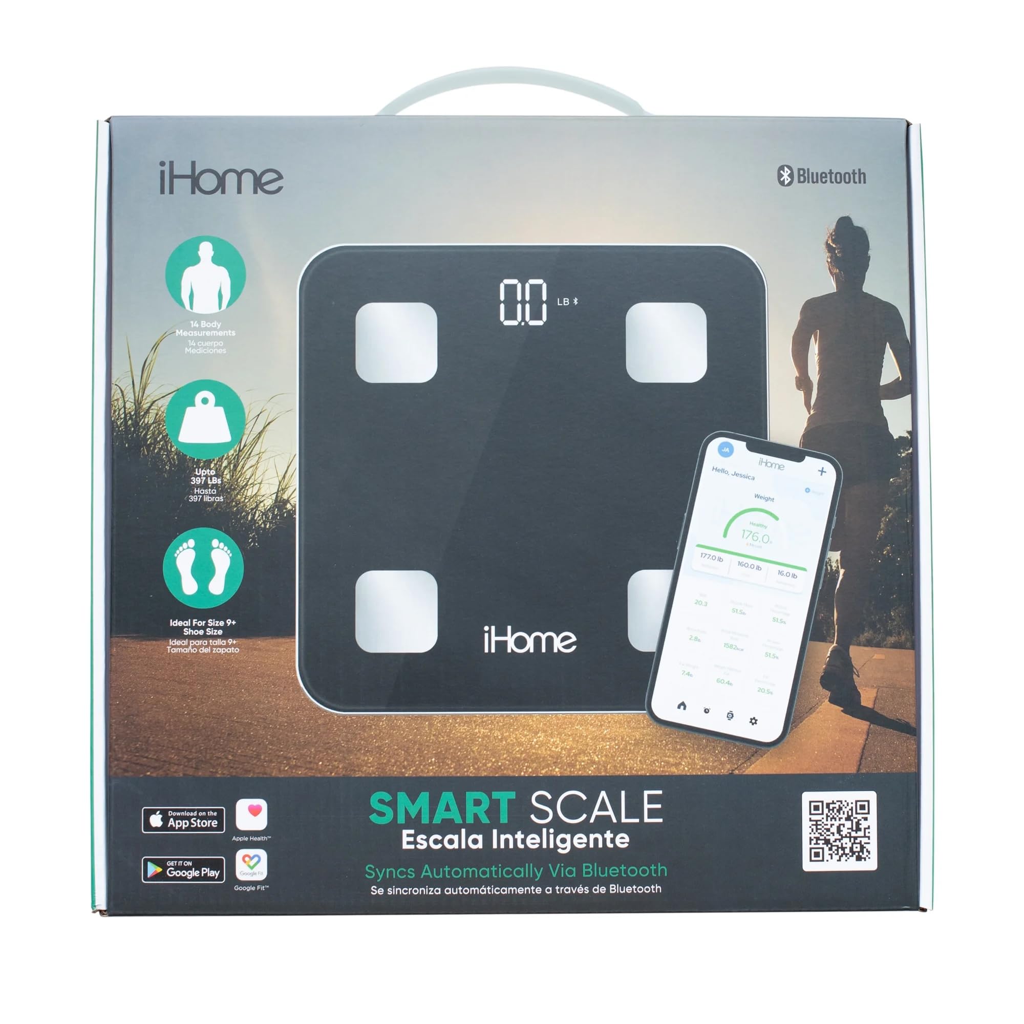 iHome Báscula digital inteligente Bluetooth para peso corporal, báscula de peso con 14 indicadores, incluyendo IMC, grasa corporal, masa muscular, baterías incluidas (Bluetooth inteligente negro)