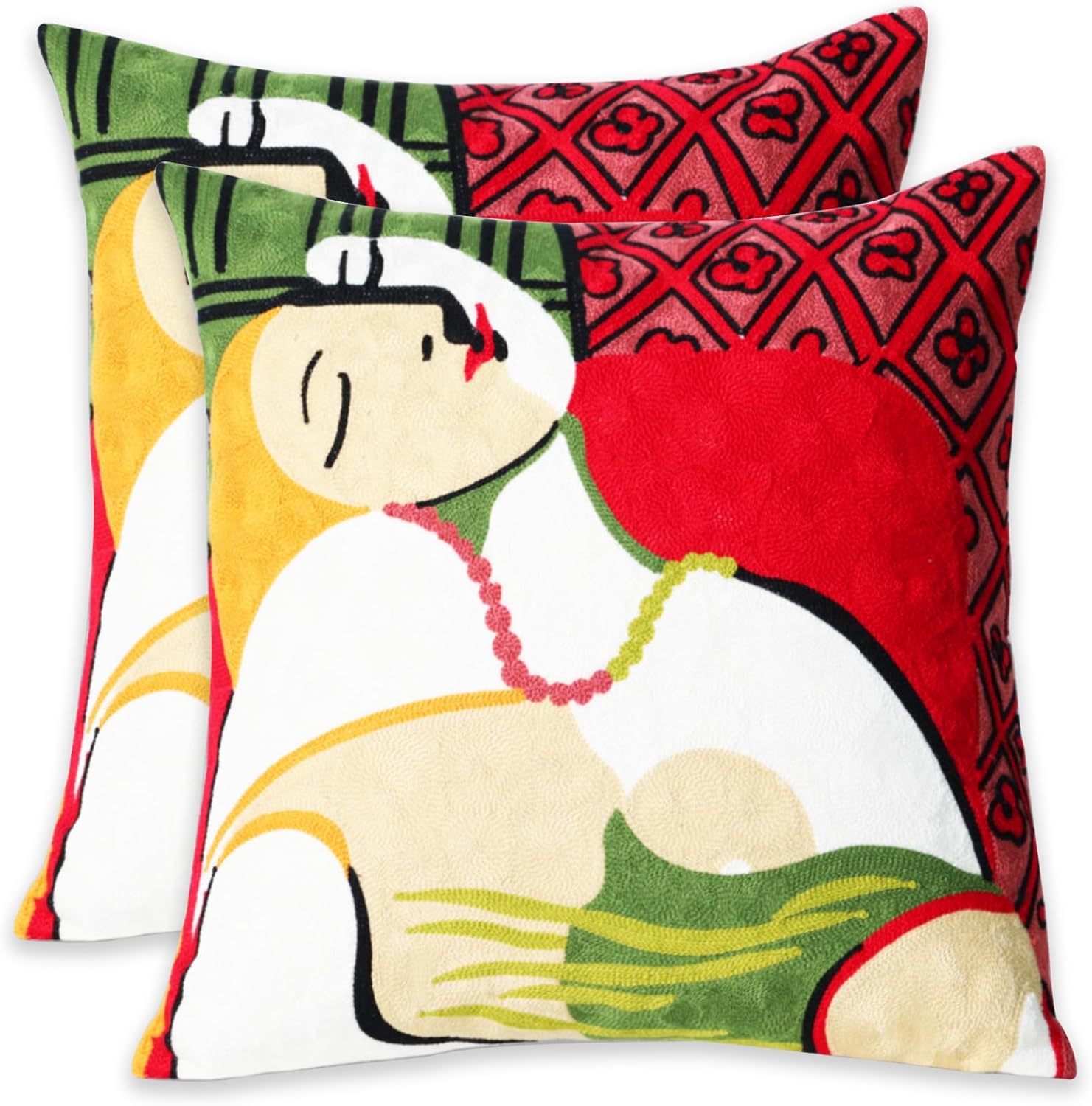 2 Pcs Embroidered Decorative Throw Pillows Covers for Sofa Decor Cushion Cases 18 x 18 Inch (Necklace Girl)