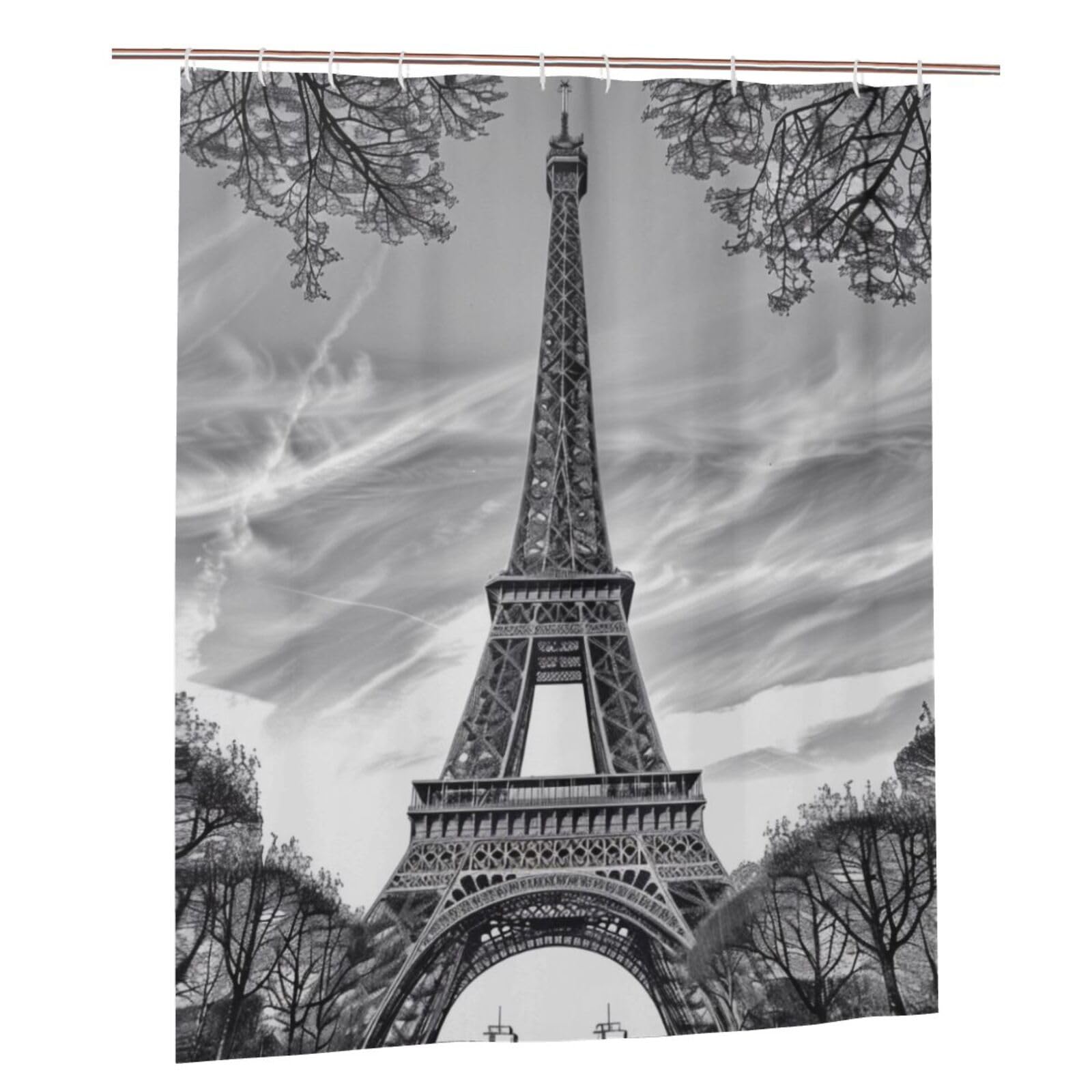 BWWHCCTI Eiffel Tower Pattern Printed Shower Curtain With 12 Plastic Hooks Opaque Quick Drying Waterproof Shower Curtains Sets For Bathroom 152x183 Cm