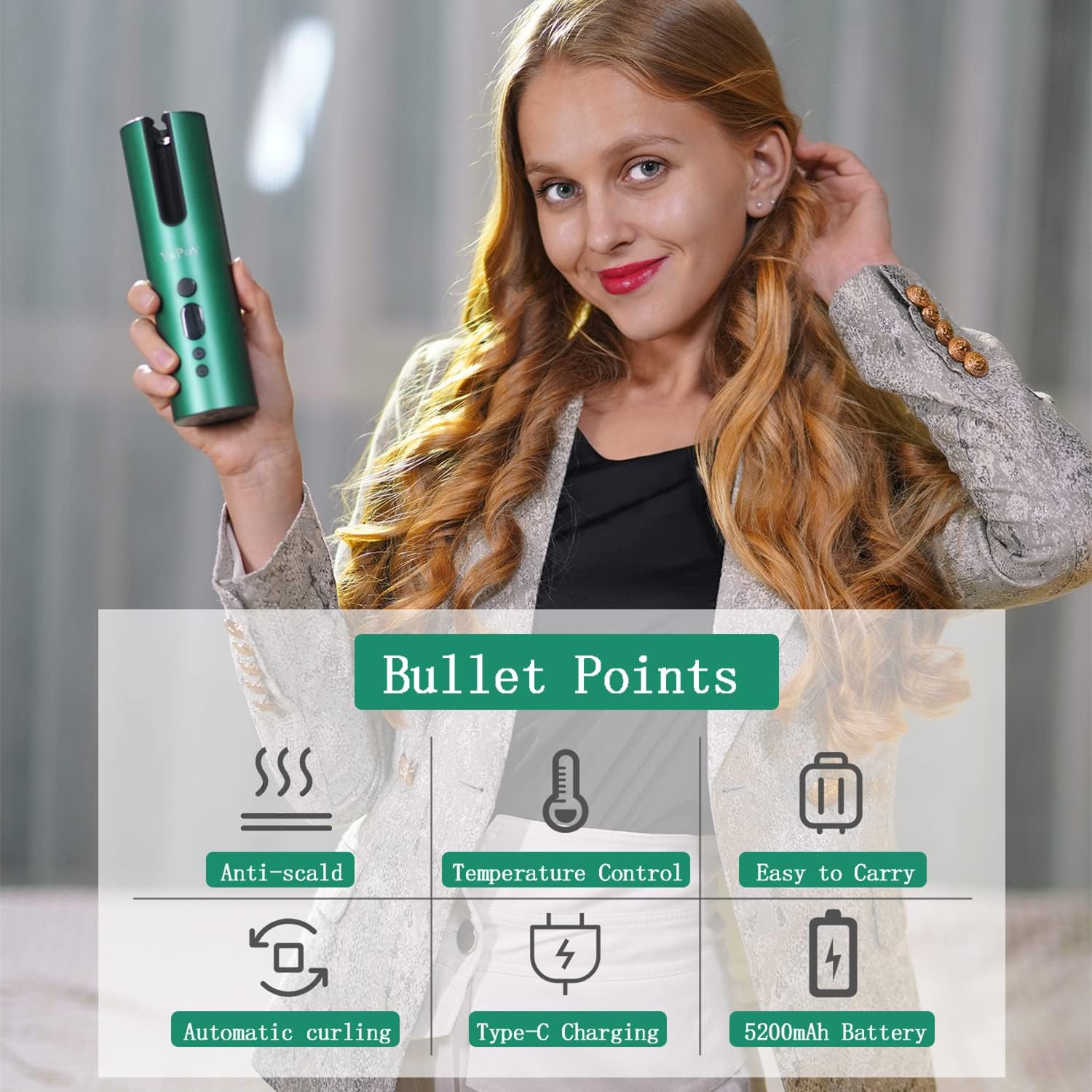 YAPOY Cordless Automatic Hair Curler highlighting anti-scald, temperature control, portability, automatic curling, Type-C charging, and 5200mAh battery.