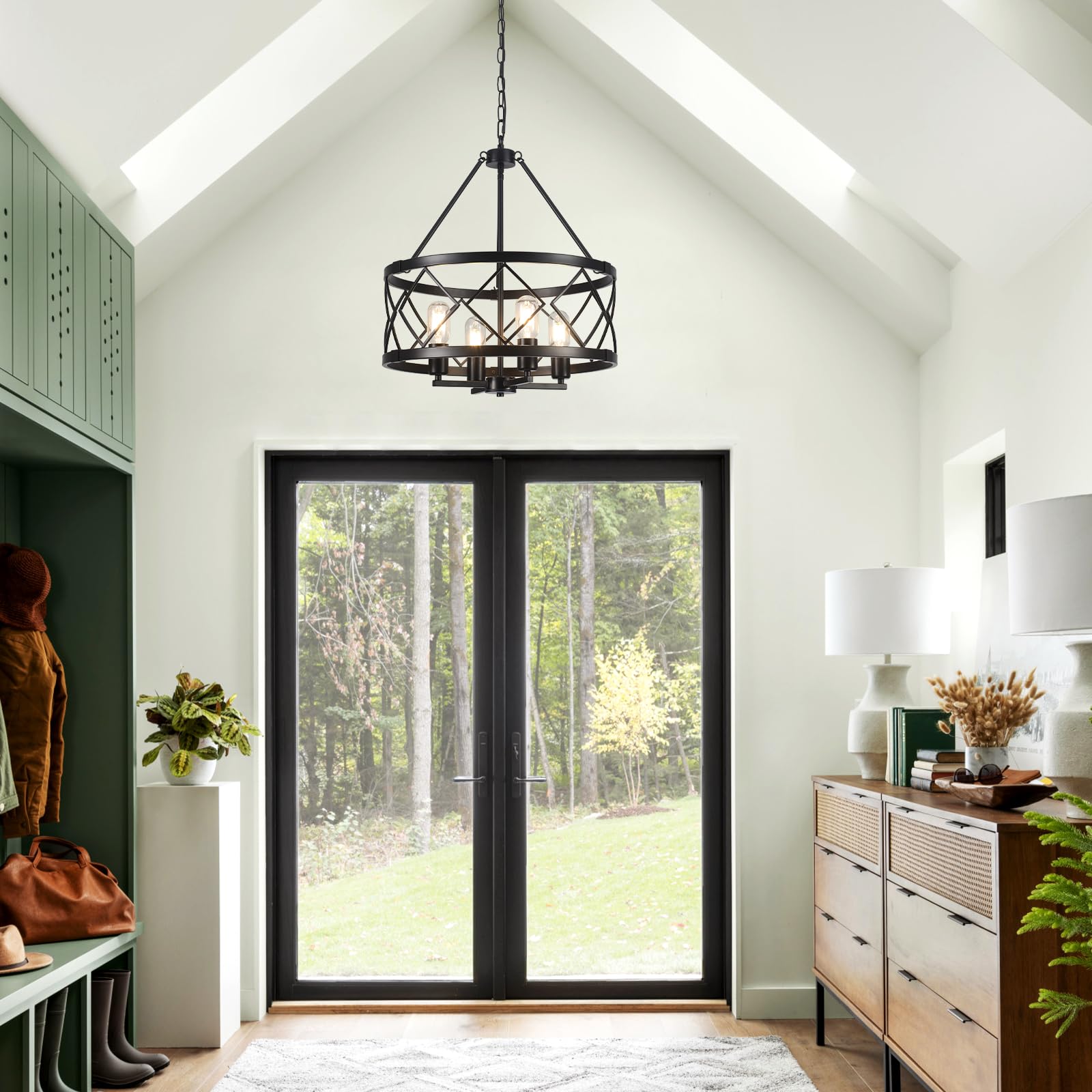 Kronleuchter Modern Schwarz 4 Flammig, Vintage Kronleuchter Hängelampe Wohnzimmer, Landhaus Industrie Deckenlampe Hängend Pendelleuchte für Esszimmer Flur Foyer Schlafzimmer