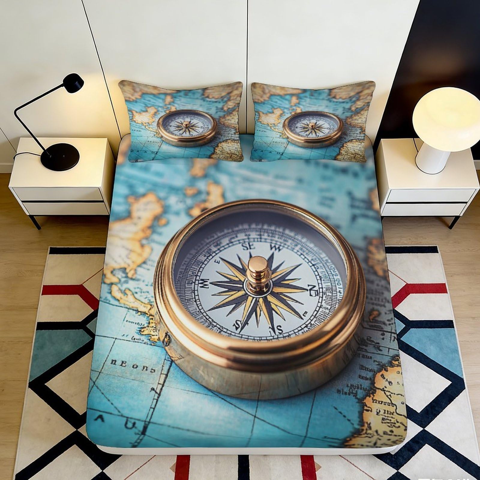 3D Printed Compass Map Fitted Sheet Microfiber Soft Breathable Nautical World Bed Cover for Bedroom Decor 90x200x25cm