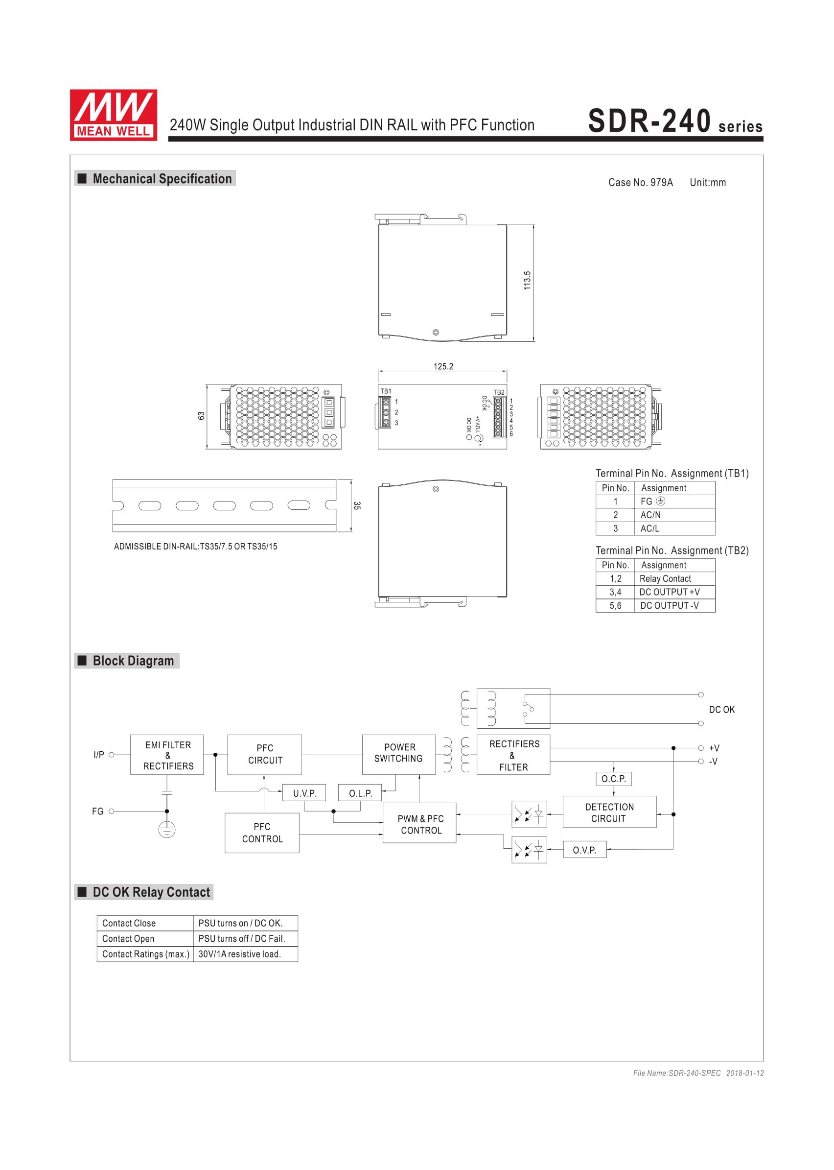 MeanWell 48 V SDR-240-48 zasilacz 240 W 5 A zasilacz do szyn montażowych slim 63 mm DINRail