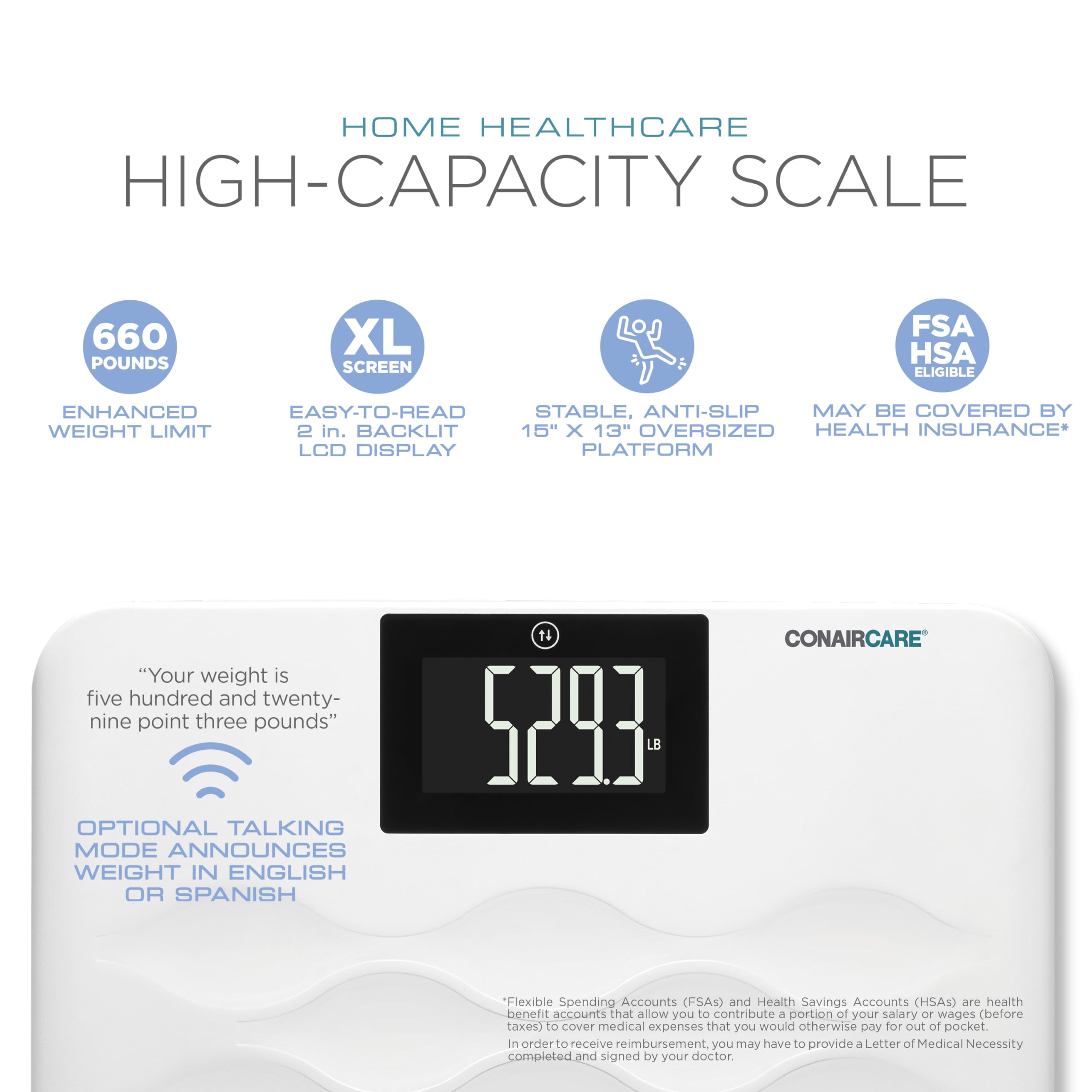 Conair Báscula de baño para peso corporal, báscula de baño parlante de alta capacidad en inglés y español, 660 libras. Límite de peso mejorado con pantalla LCD retroiluminada XL y plataforma estable y
