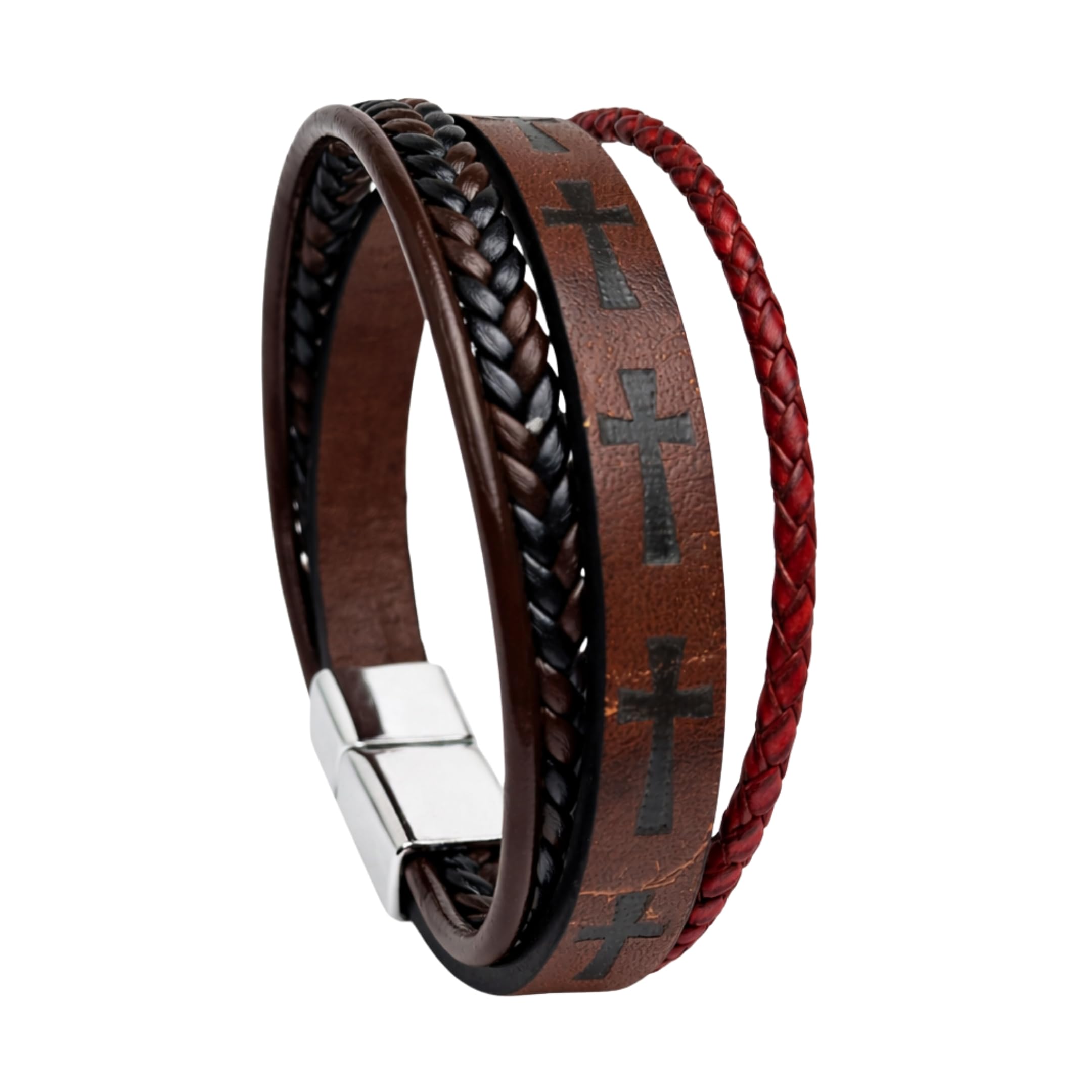 CRUSADER LEGION DARK BROWN - 23mm Genuine Leather Bracelet with Stainless Steel Magnetic Silver Buckle for Men & Boys (8.5 inch)-image-7