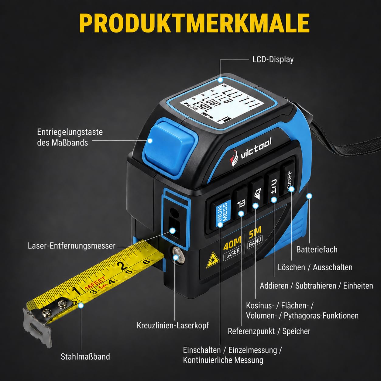 4-in-1 Laser Maßband 40m + 5m Bandmaß, Wiederaufladbarer Laser-Entfernungsmesser mit Wasserwaage und Kreuzlaser, IP54 Wasserdicht Digital Massband, für Heimwerker und Profis