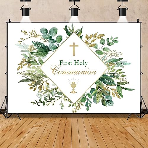 Miniatura 7 de Telón de fondo de primera comunión de 6 x 4 pies con texto en inglés "God Bless Bautismo" Party Photography Background Green Gold Eucalyptus Leaves