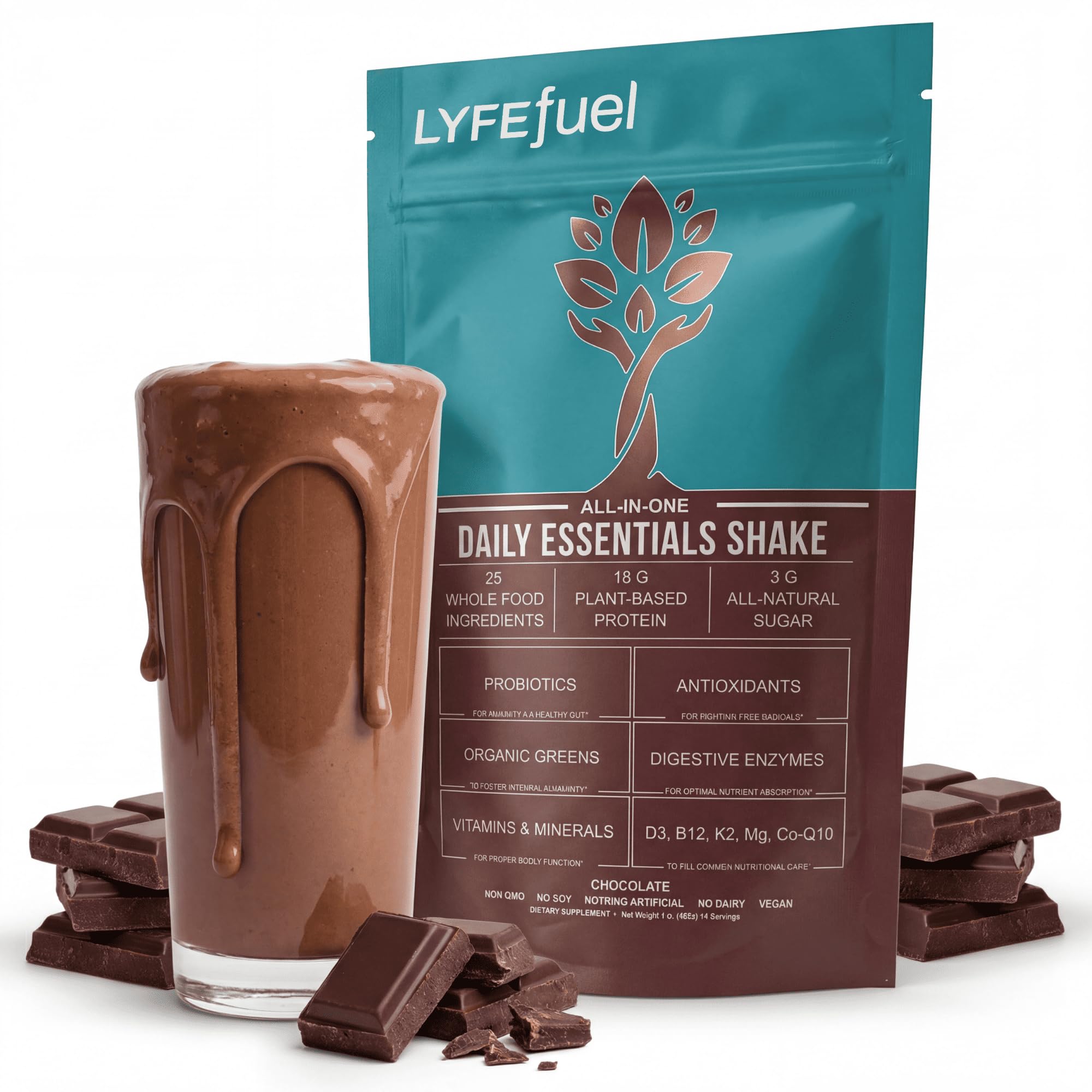 LyfeFuel Essentials Nutrition Shake | Plant Based Protein Powder Meal Replacement, 18g Plant Protein, 50+ Superfoods, 27 Vitamins & Minerals, Low Carb, Soy-Free & Gluten-Free | 24 Servings | Chocolate
