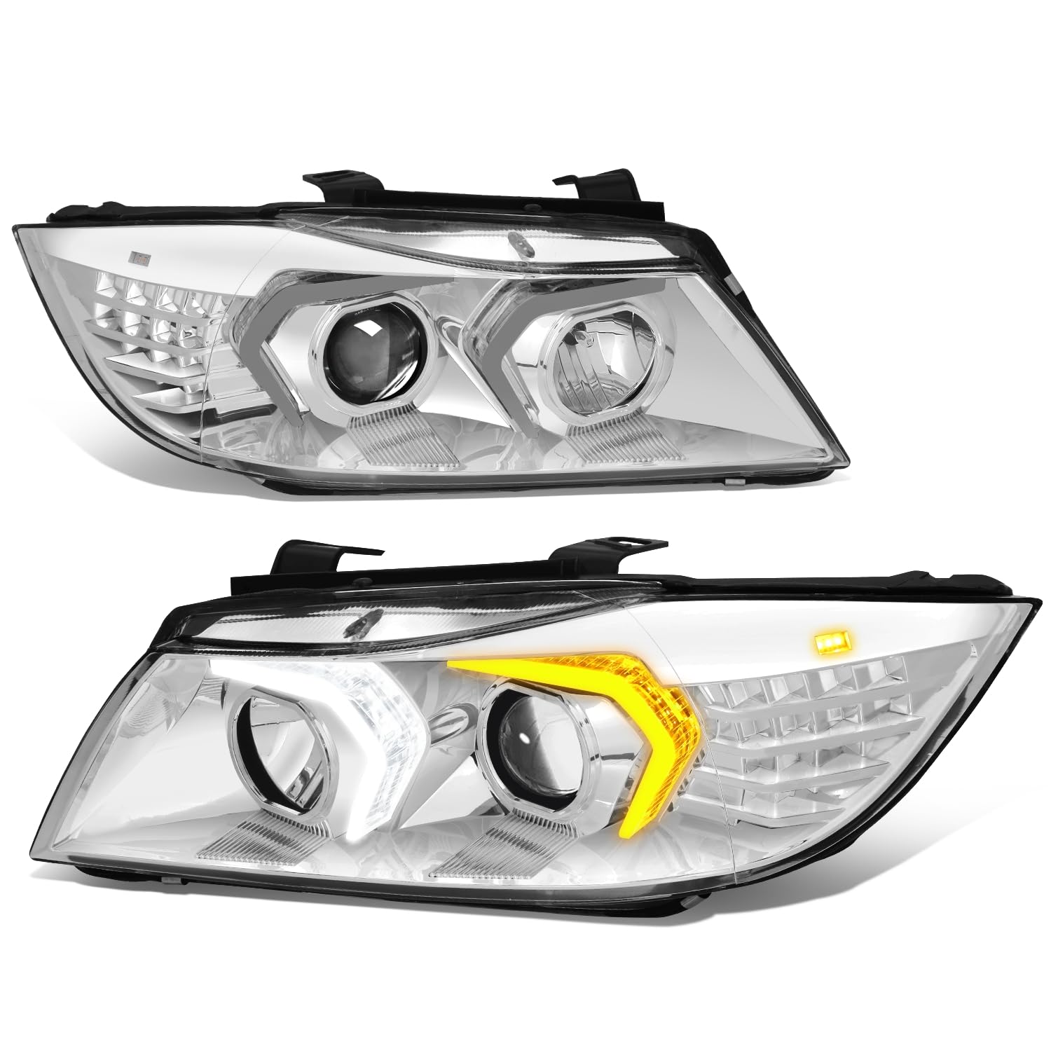 Auto Dynasty LED DRL Headlights Assembly Compatible with 2009-2012 BMW 3-Series 4-Dr Sedan, Driver and Passenger Side, 3D Switchback LED Daytime Running Light Bar, Chrome Housing