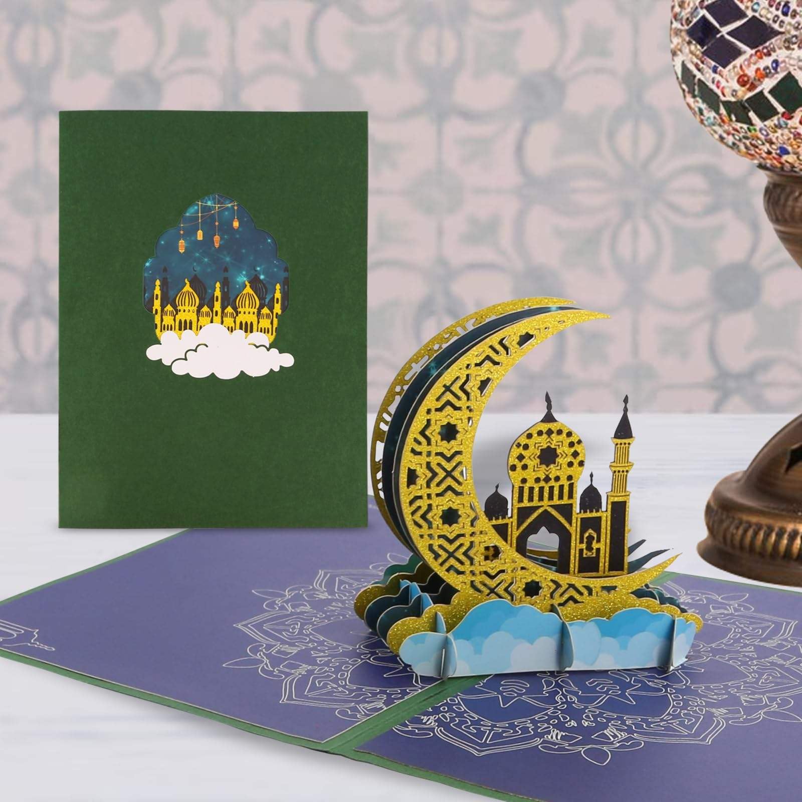 3D Pop Up Eid Mubarak Card for Adha/Fitr, Gold Moon Islamic Architecture Greeting Card, Muslim Party Celebration Card Gift