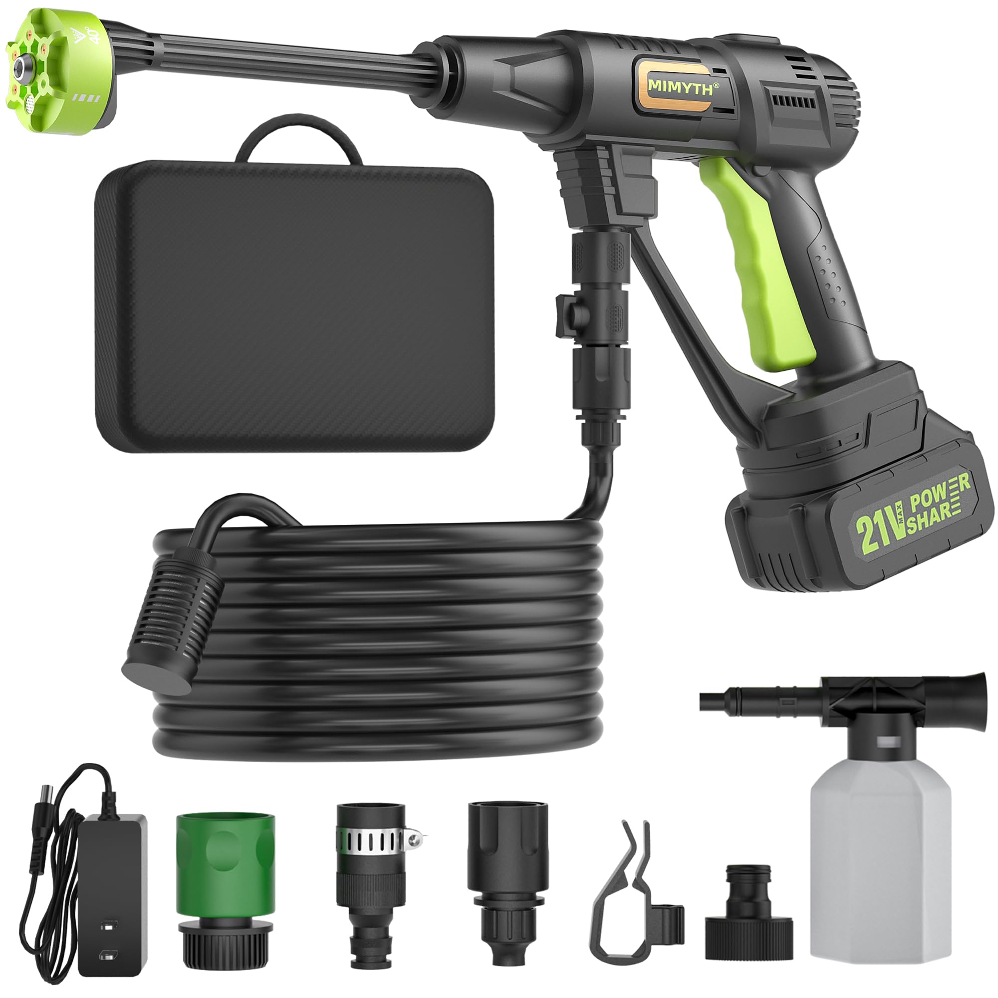 Cordless Portable Washer, Handheld Washer, Battery Operated Washer for Car Home Outdoor Patio Garden, Lightweight Car Washer, Washer with Foam Pot, Cleaner with 23FT Elastic Hose (PowerGreen)