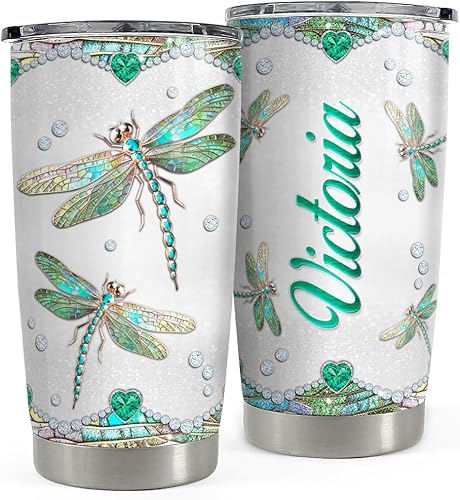 SANDJEST Vaso de libélula personalizado de 20 onzas, 30 onzas, vasos aislados con tapa, taza de viaje de café para mujeres y niñas, dibujos de