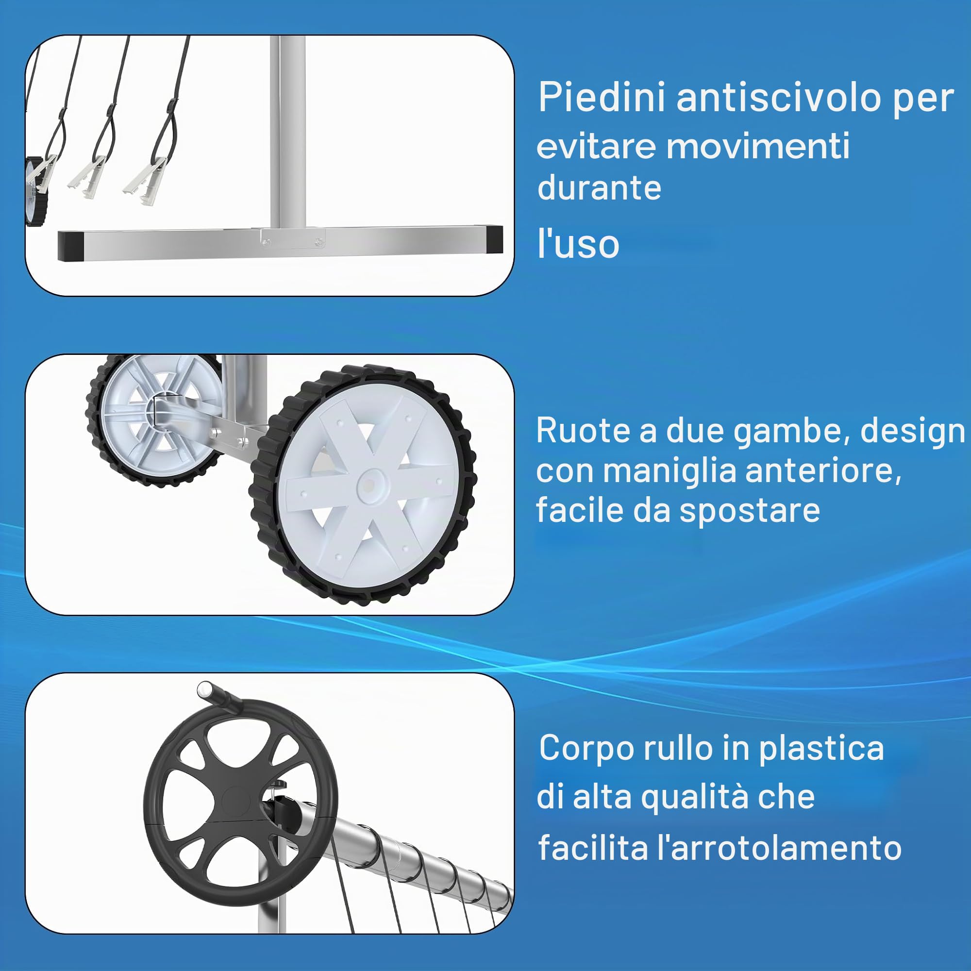 LZQ Avvolgitore per piscina mobile in alluminio + sistema di avvolgimento in acciaio inox, con 8 nastri di fissaggio per telone solare e piscina | 3 m – 5,70 m regolabile