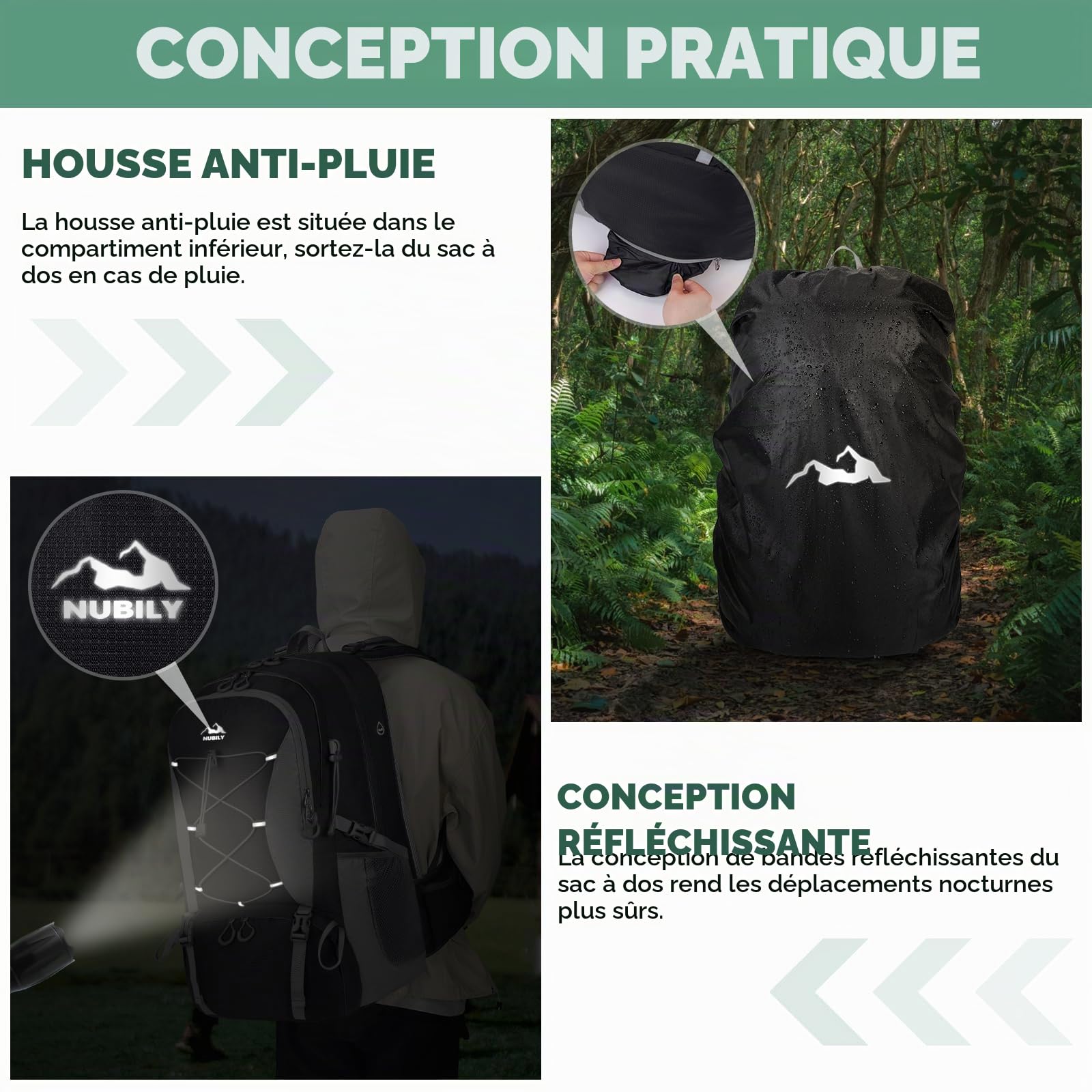 NUBILY Sac à Dos de Randonnée Homme Femme Imperméable 50L Sac de Jour Élégant Outdoor Camping Sac à Dos Voyage Léger Noir